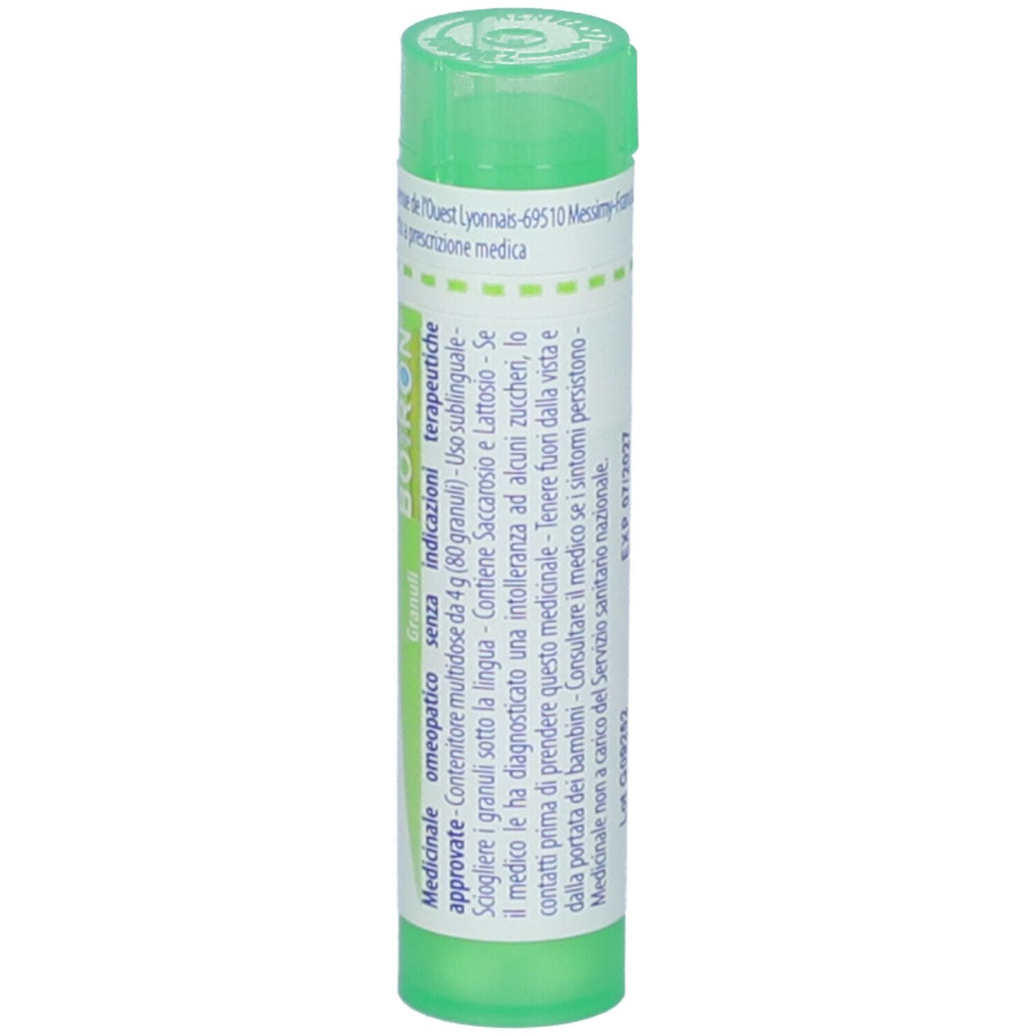 Confezione cilindrica con tappo verde. Scritte: Vipera redi, 5 ch, BOIRON, Granuli.