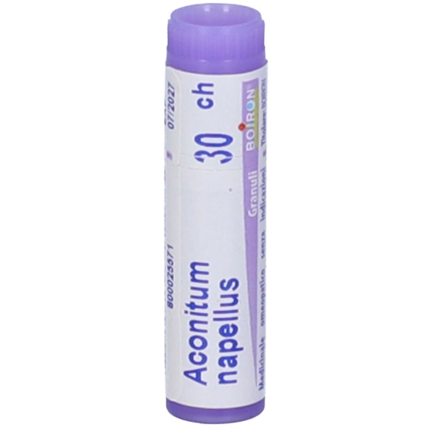 Confezione cilindrica 'Aconitum napellus 30 ch'. Tappo viola. Testo e data.