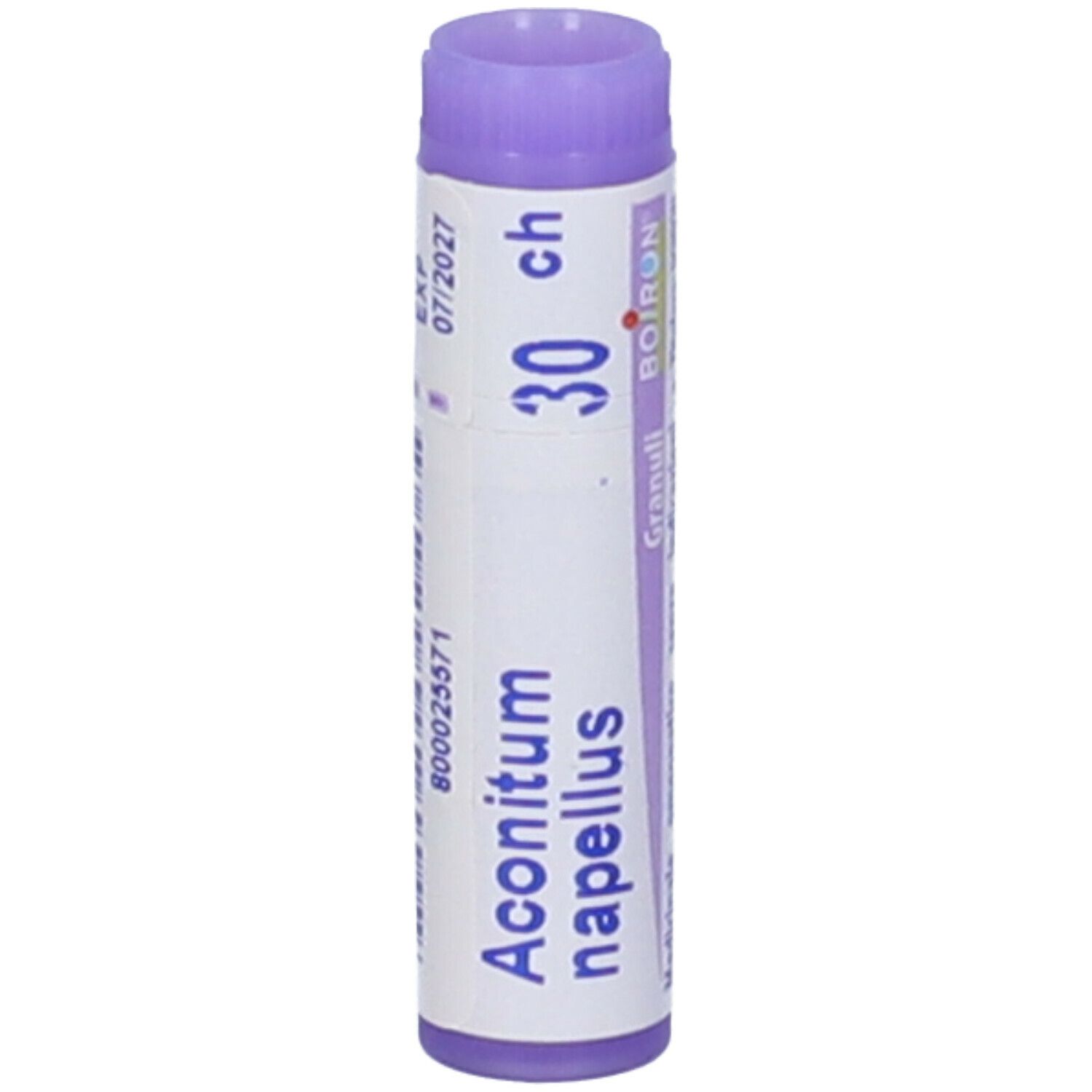 Confezione cilindrica 'Aconitum napellus 30 ch'. Tappo viola. Testo e data.