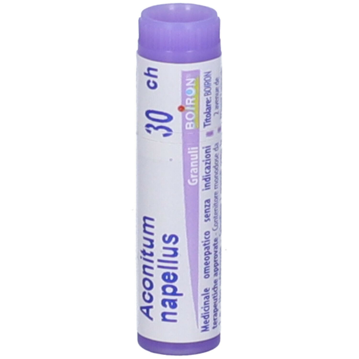 Confezione cilindrica 'Aconitum napellus 30 ch'. Tappo viola. Testo e logo.