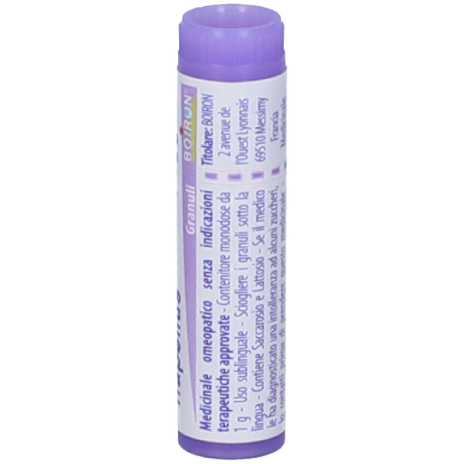 Confezione cilindrica 'Aconitum napellus'. Tappo viola. Testo e informazioni.
