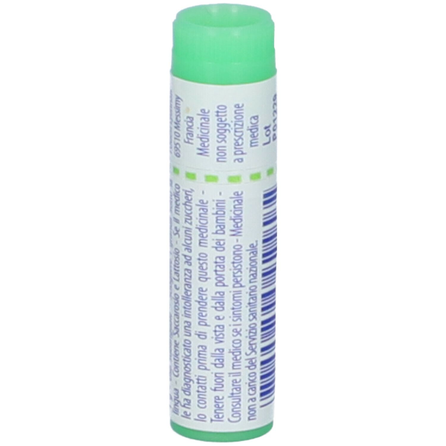 Confezione cilindrica con tappo verde. Scritta: Aconitum, EXP 07/2027, Medicinale.