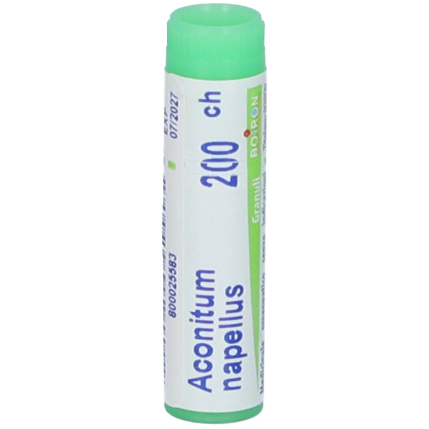 Confezione cilindrica con tappo verde. Scritta: Aconitum napellus 200 ch, EXP 07/2027, BOIRON.