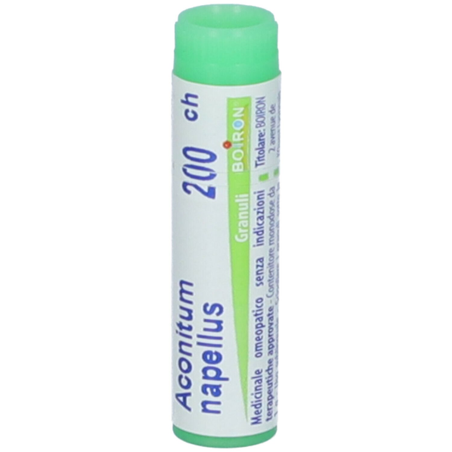 Confezione cilindrica con tappo verde. Scritta: Aconitum napellus 200 ch, BOIRON, Granuli.