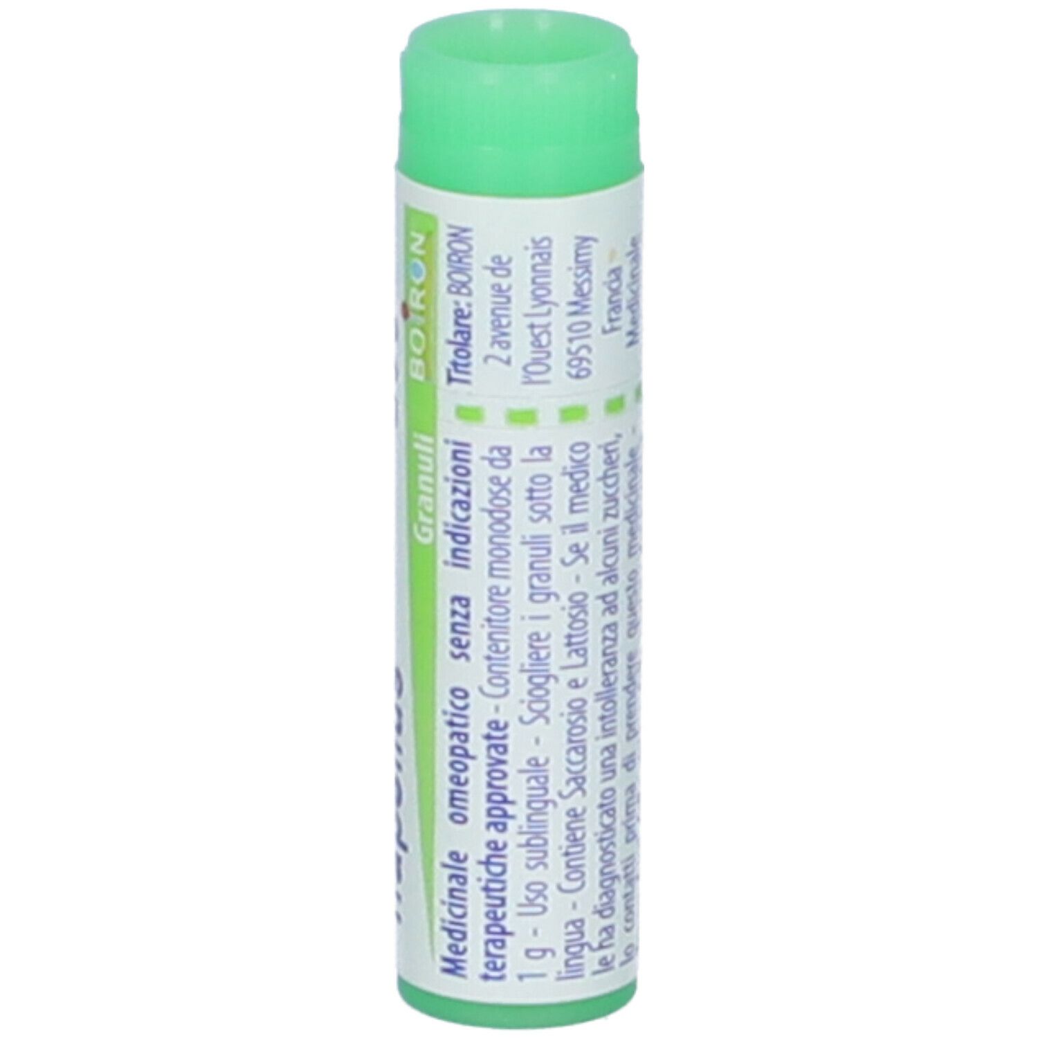 Confezione cilindrica con tappo verde. Scritta: Aconitum napellus, BOIRON, Granuli, Indicazioni.