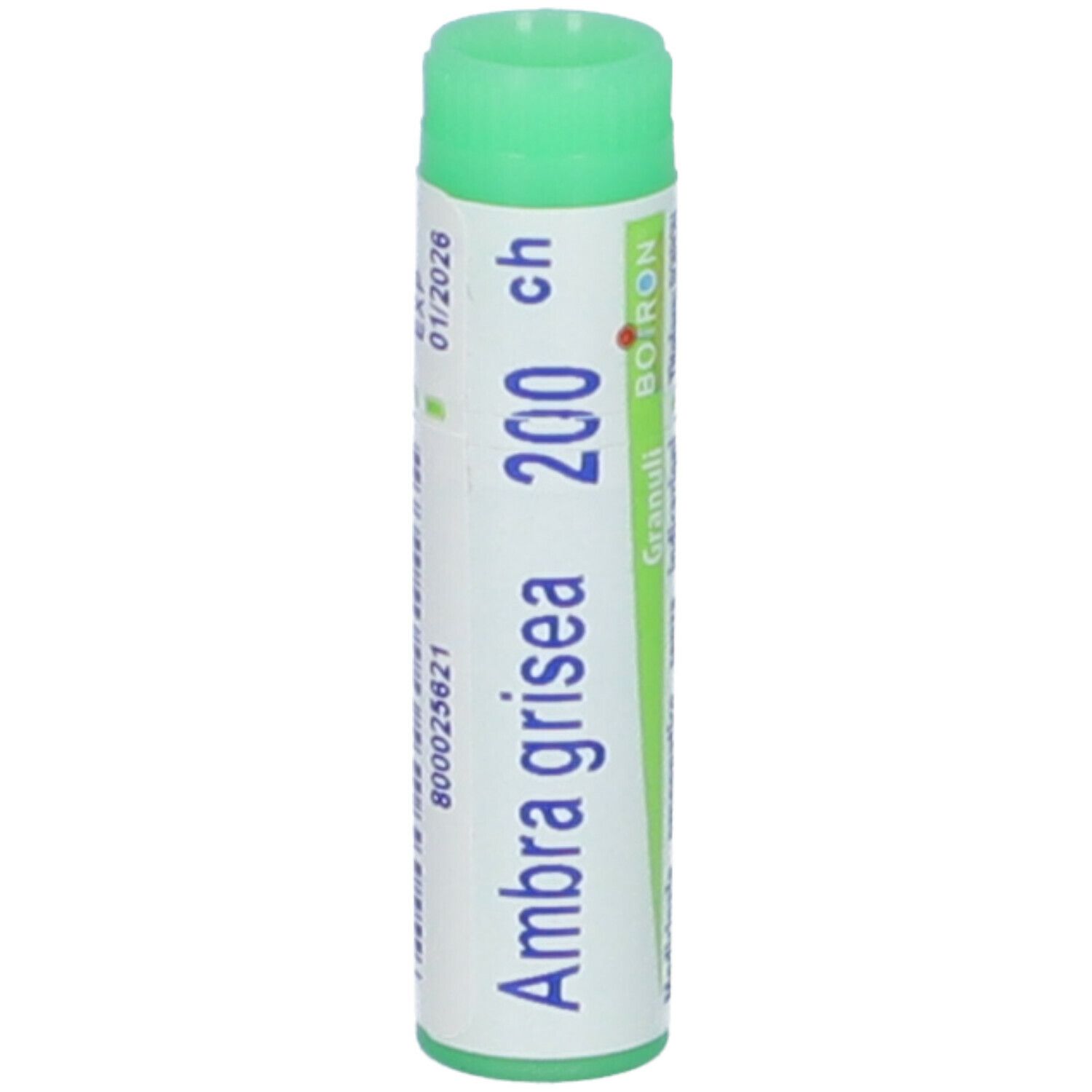 Confezione cilindrica, verde-bianca. Scritta: Ambra grisea 200 ch, Granuli, Boiron. Data di scadenza.