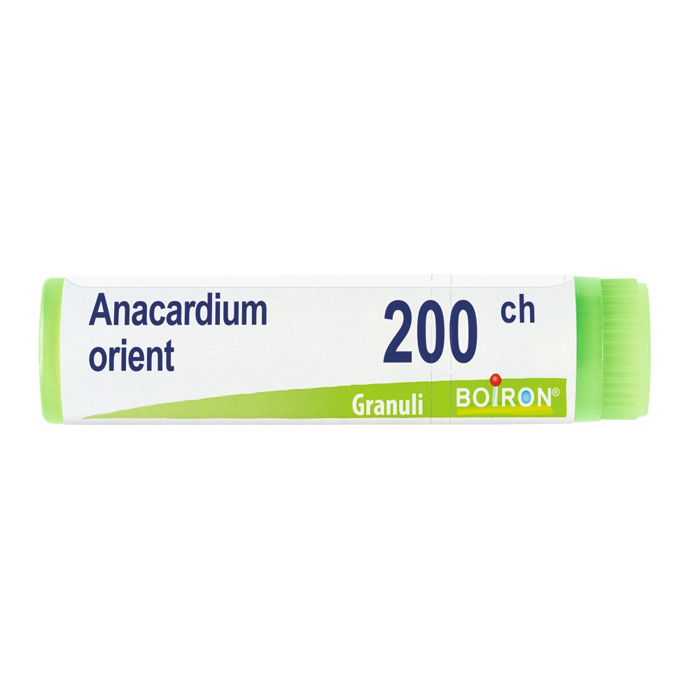 Confezione cilindrica con tappo verde. Scritta: Anacardium orient. 200 ch, BOIRON.