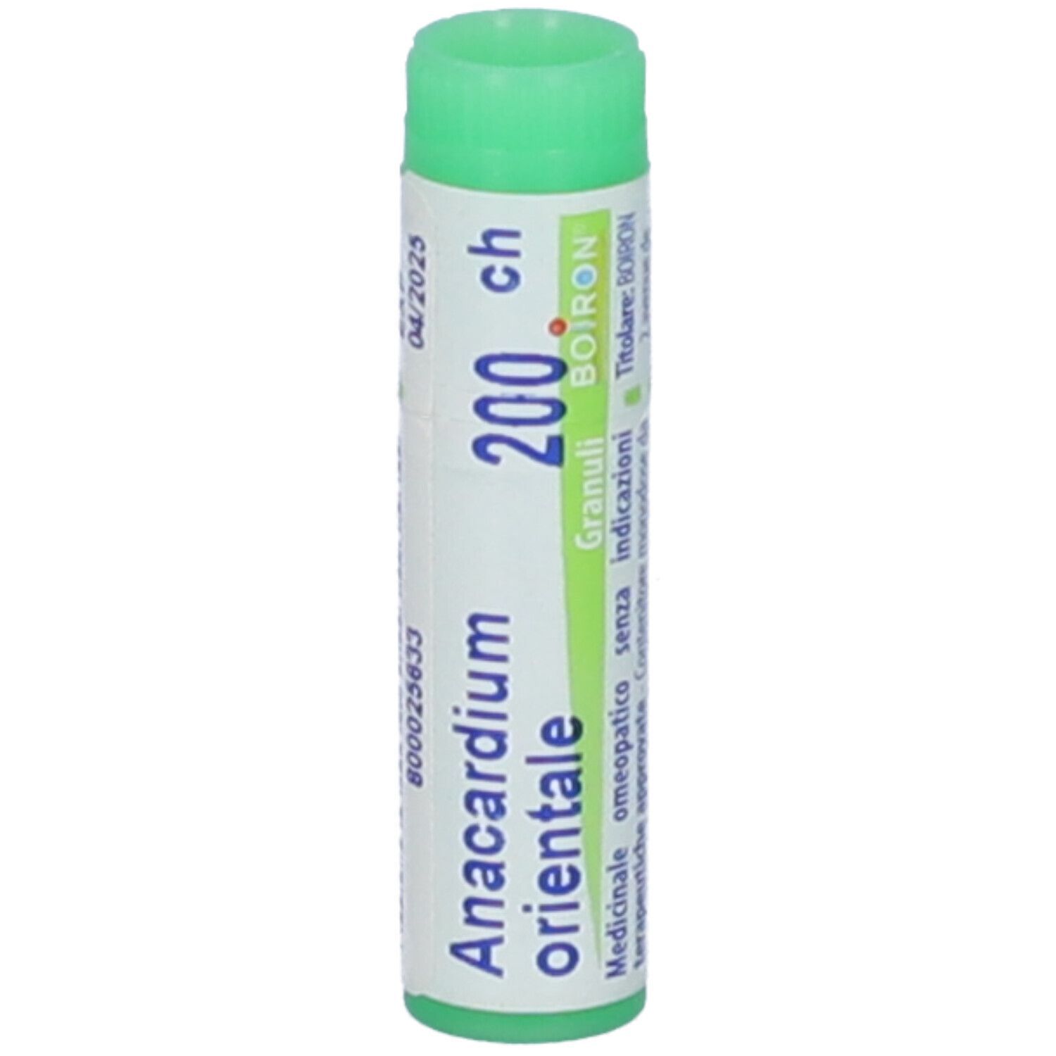 Confezione cilindrica, tappo verde. Scritta: Anacardium orientale 200 ch, BOIRON. Scadenza 04/2025.