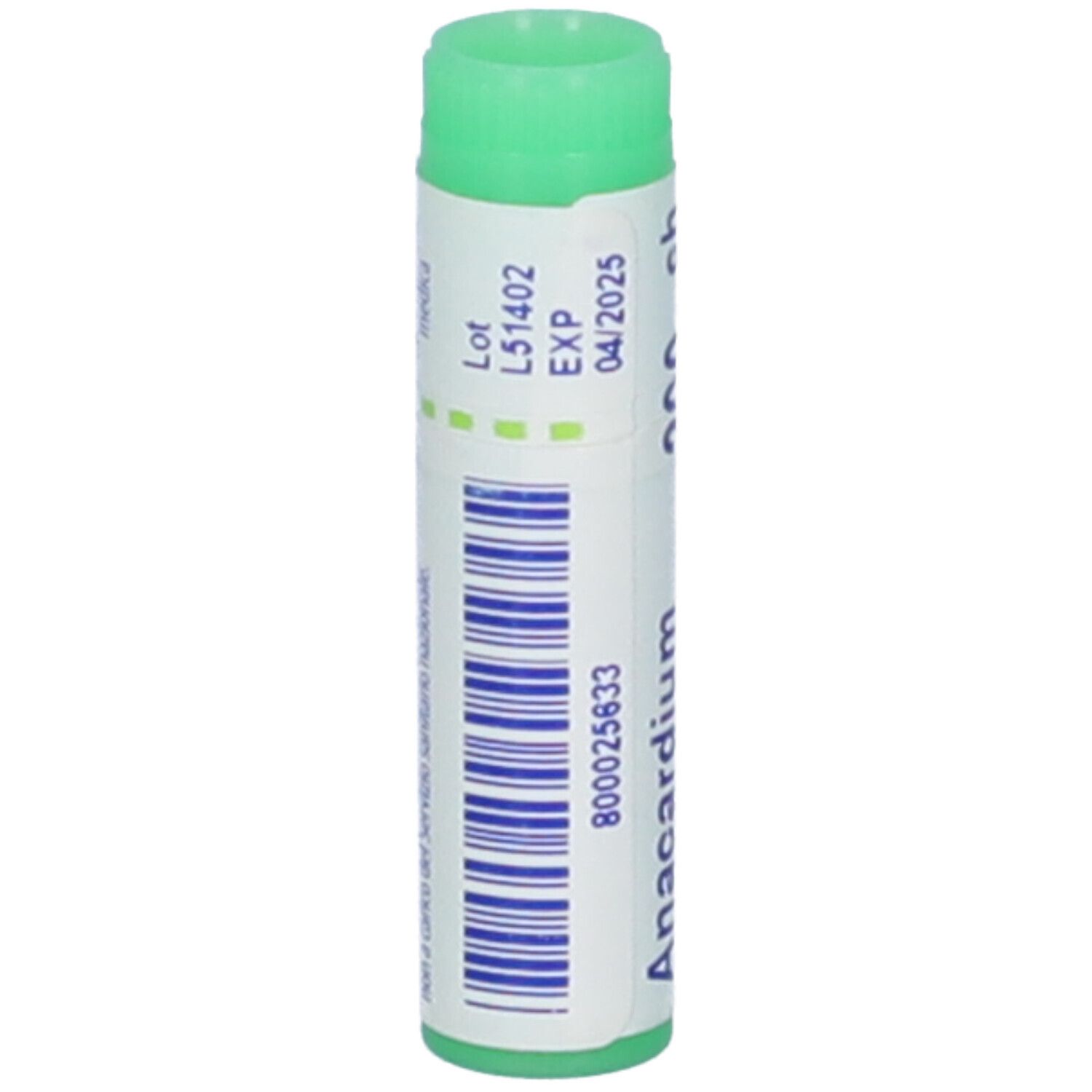 Confezione cilindrica, tappo verde. Codice a barre e testo: Anacardium, 800025633.