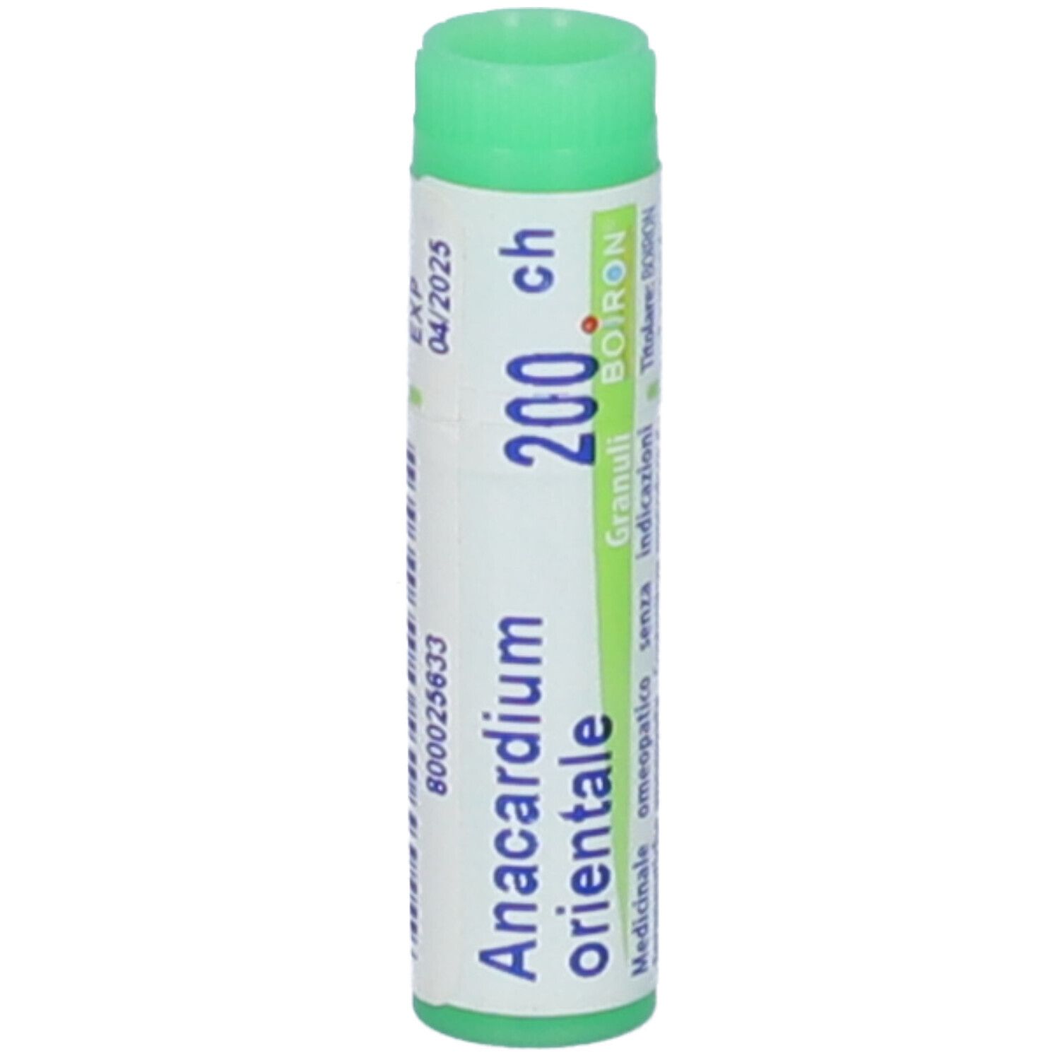 Confezione cilindrica, tappo verde. Scritta: Anacardium orientale 200 ch, BOIRON. Scadenza 04/2025.