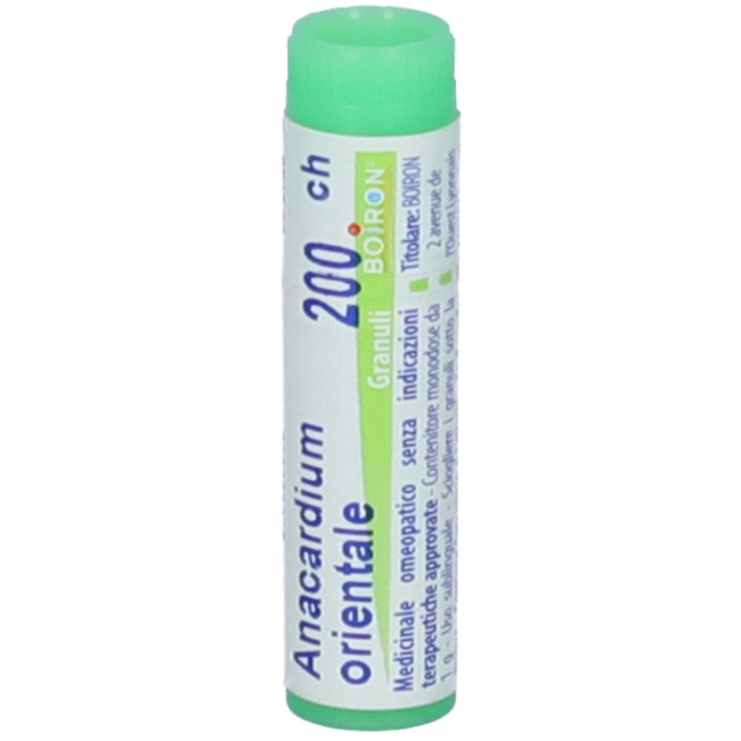 Confezione cilindrica, tappo verde. Scritta: Anacardium orientale 200 ch, BOIRON.