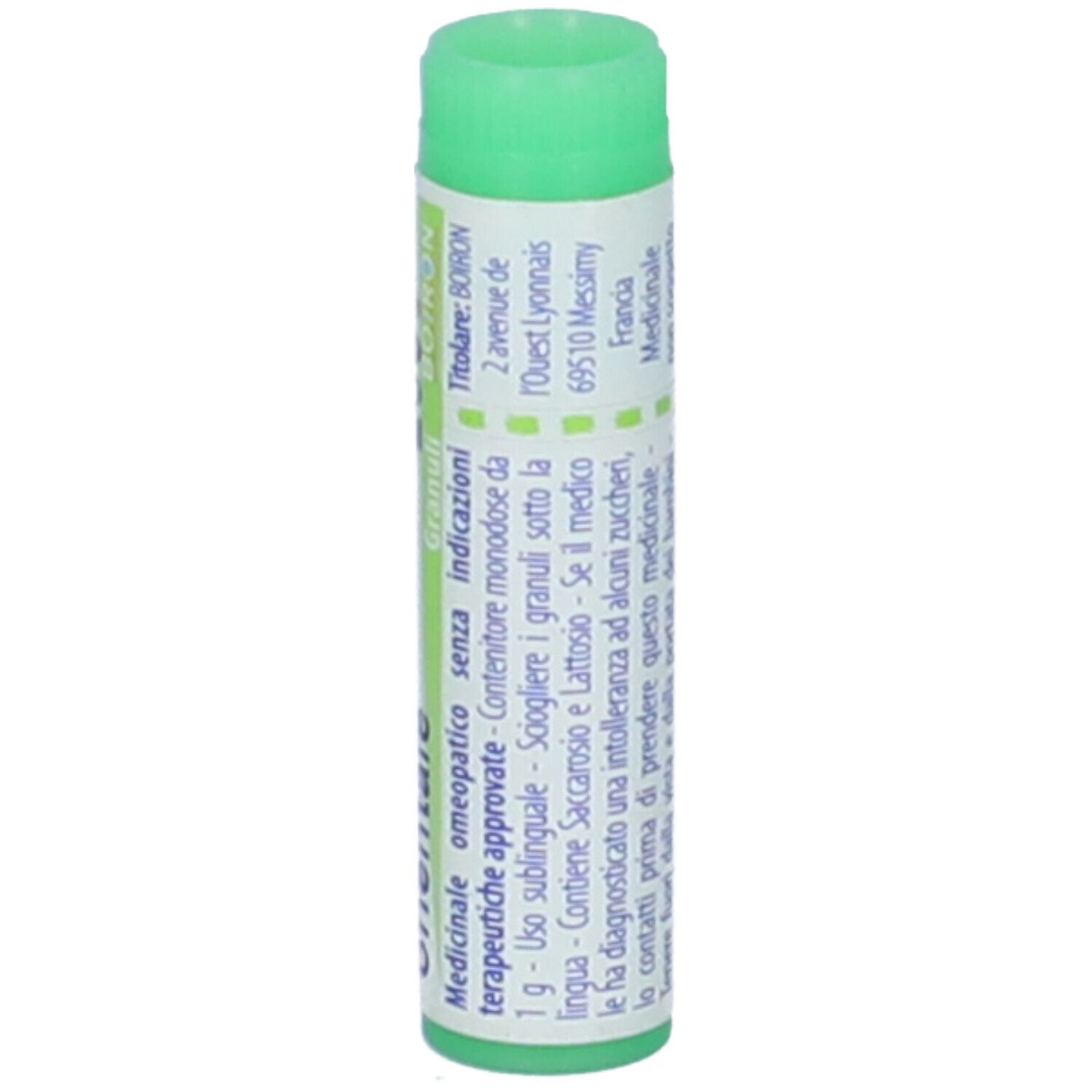 Confezione cilindrica, tappo verde. Testo: Anacardium, informazioni mediche, BOIRON.