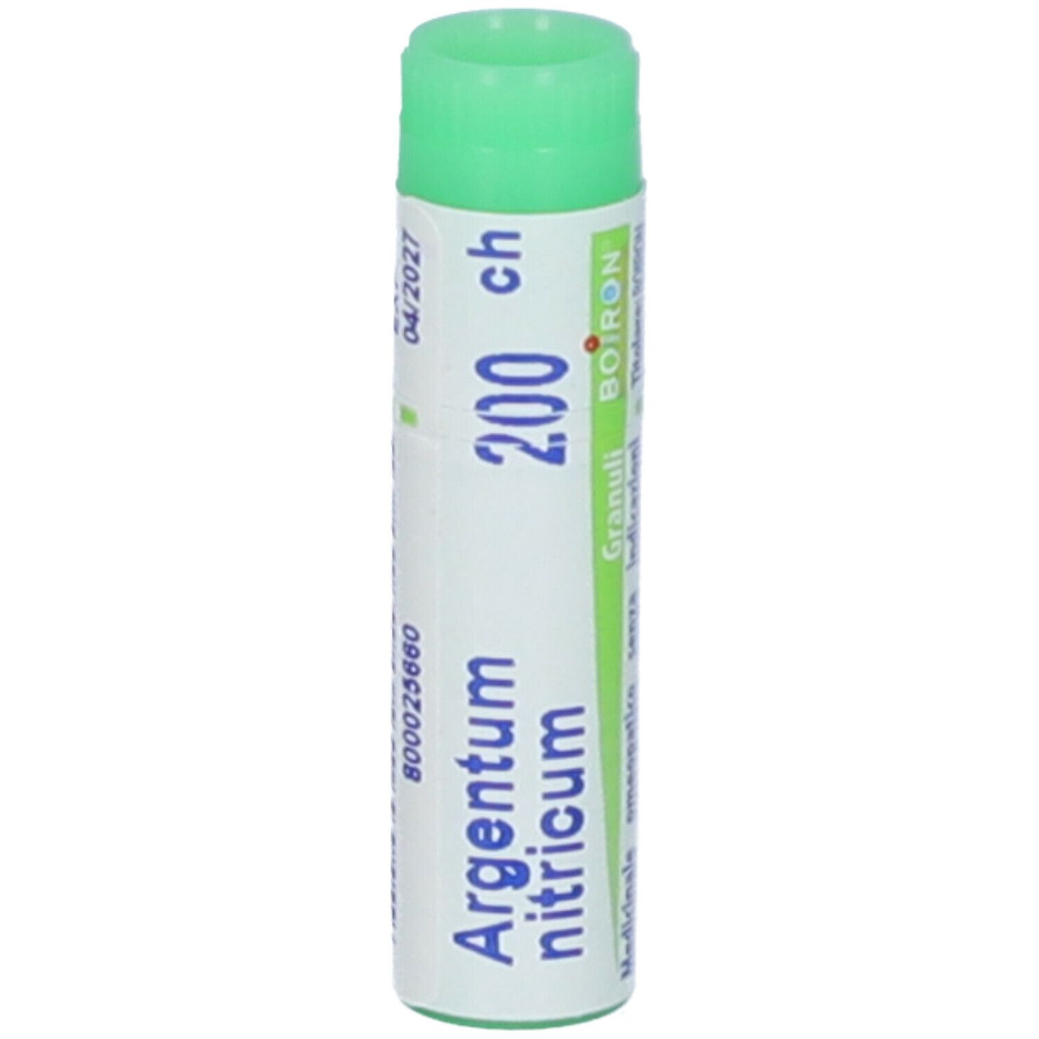 Confezione cilindrica con tappo verde. Scritta: Argentum nitricum 200 ch, BOIRON, Granuli. Scadenza 04/2027.