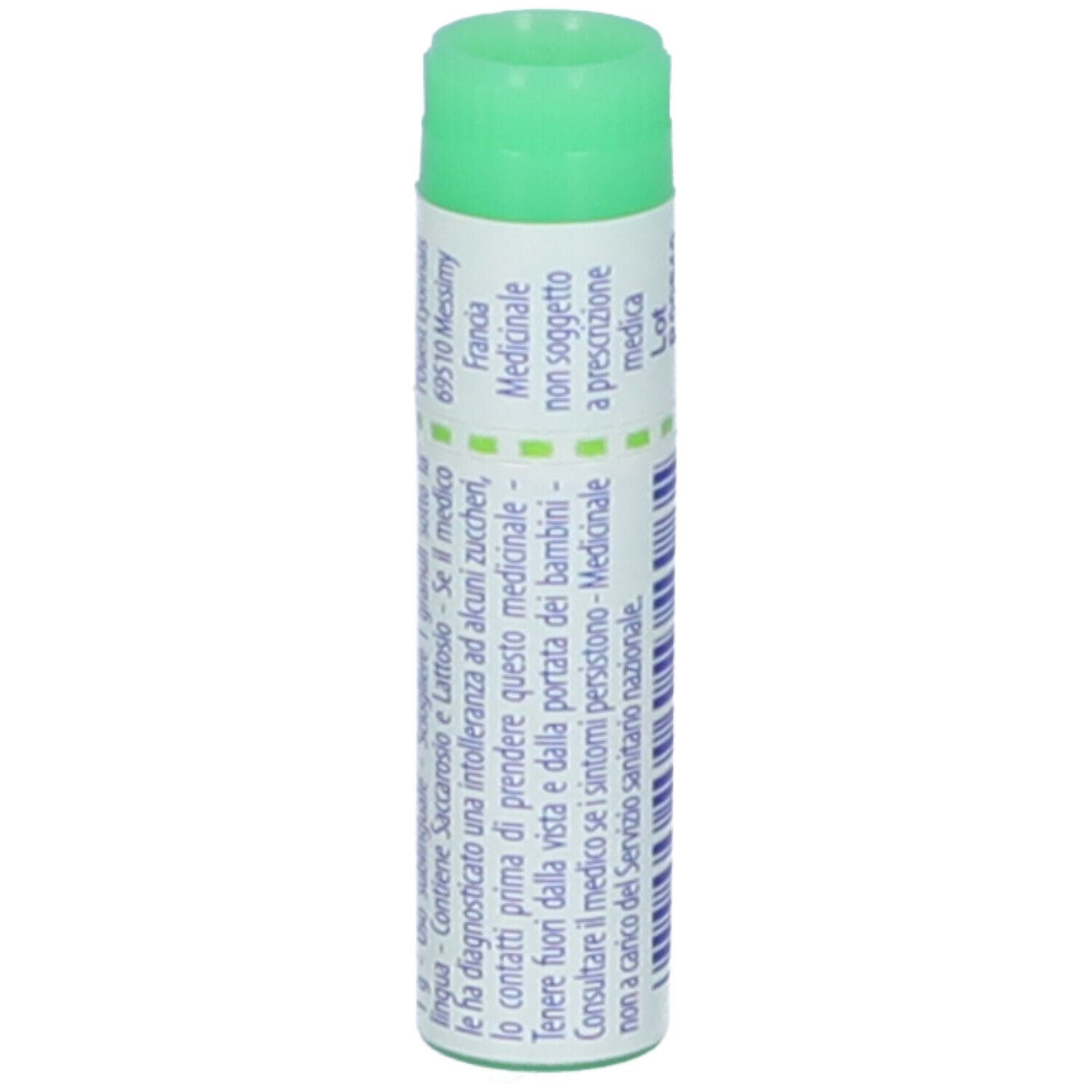 Confezione cilindrica con tappo verde. Scritta: Argentum nitricum, 200 ch, BOIRON, Granuli. Codice a barre e informazioni.