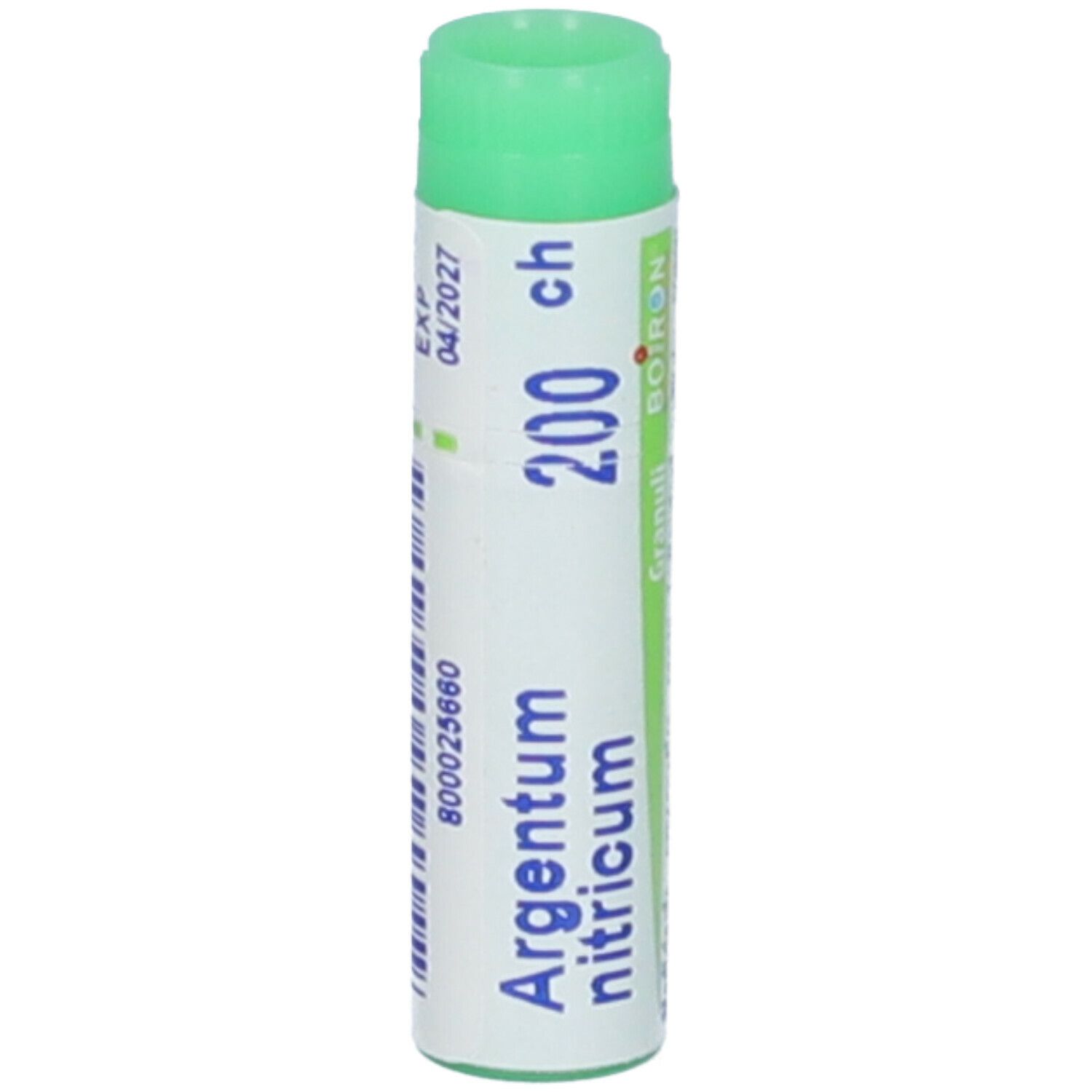 Confezione cilindrica con tappo verde. Scritta: Argentum nitricum, 200 ch, BOIRON, Granuli. Informazioni e istruzioni.