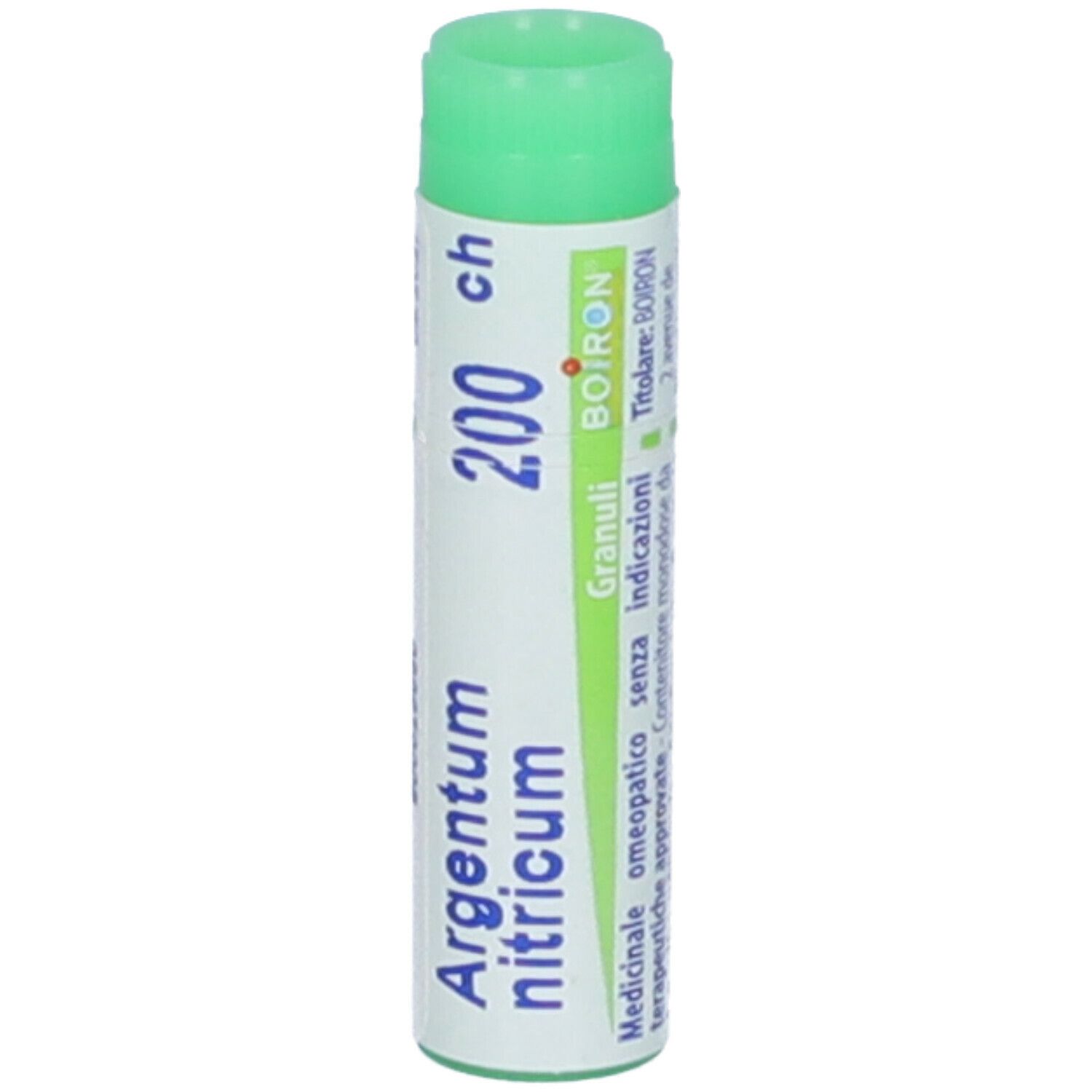 Confezione cilindrica con tappo verde. Scritta: Argentum nitricum, 200 ch, BOIRON, Granuli. Informazioni e istruzioni.