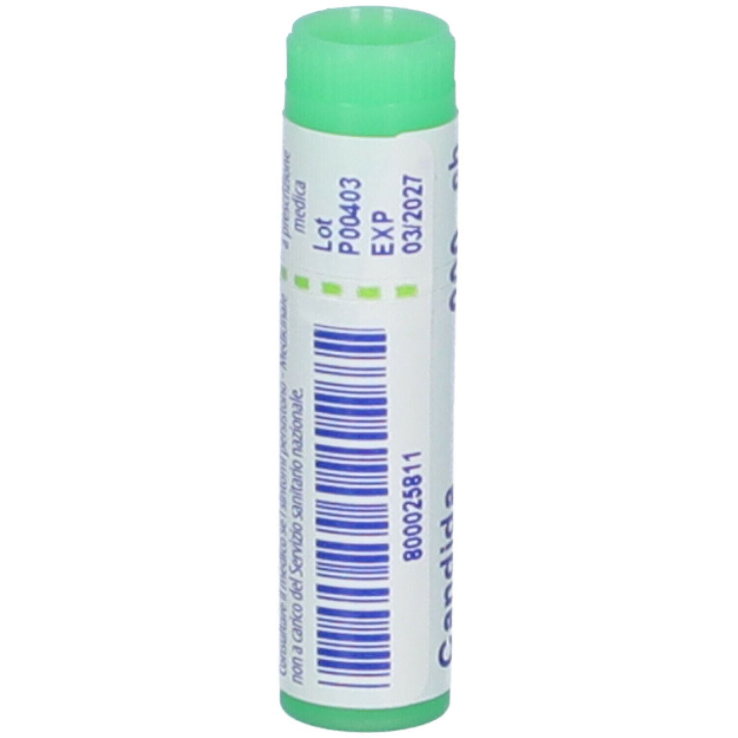 Confezione cilindrica con tappo verde. Scritta: Candida albicans, 200 ch, Boiron, Granuli. Scadenza.