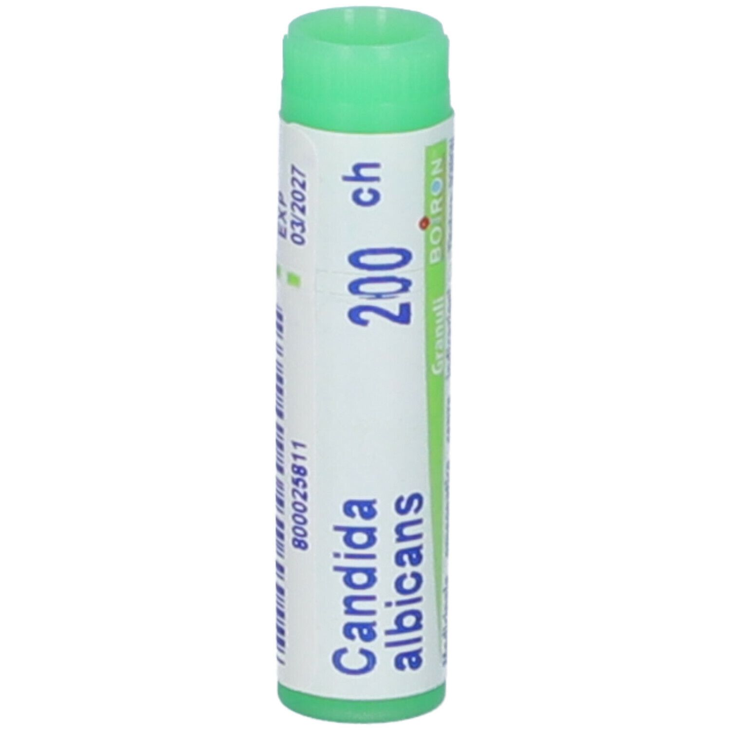 Confezione cilindrica con tappo verde. Scritta: Candida albicans, 200 ch, Boiron, Granuli. Scadenza.