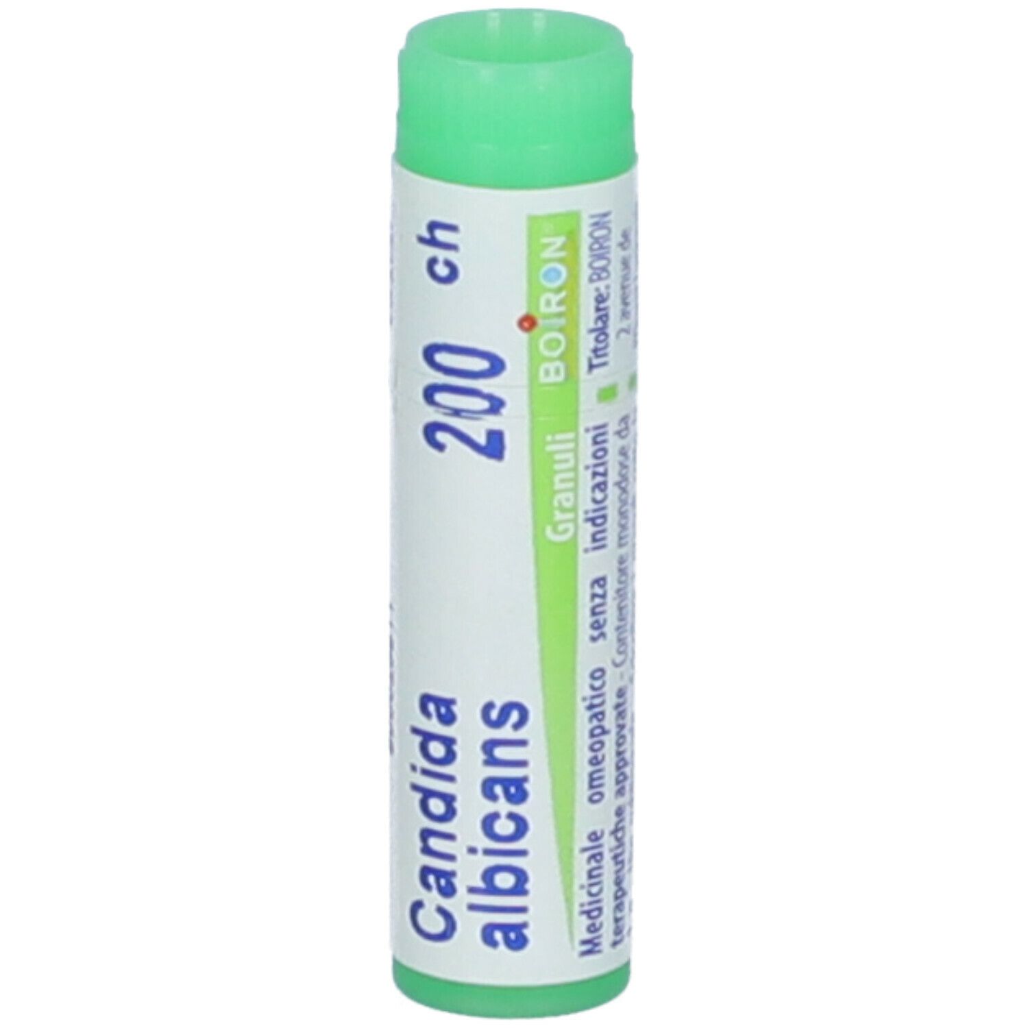 Confezione cilindrica con tappo verde. Scritta: Candida albicans, 200 ch, Boiron, Granuli. Informazioni aggiuntive.