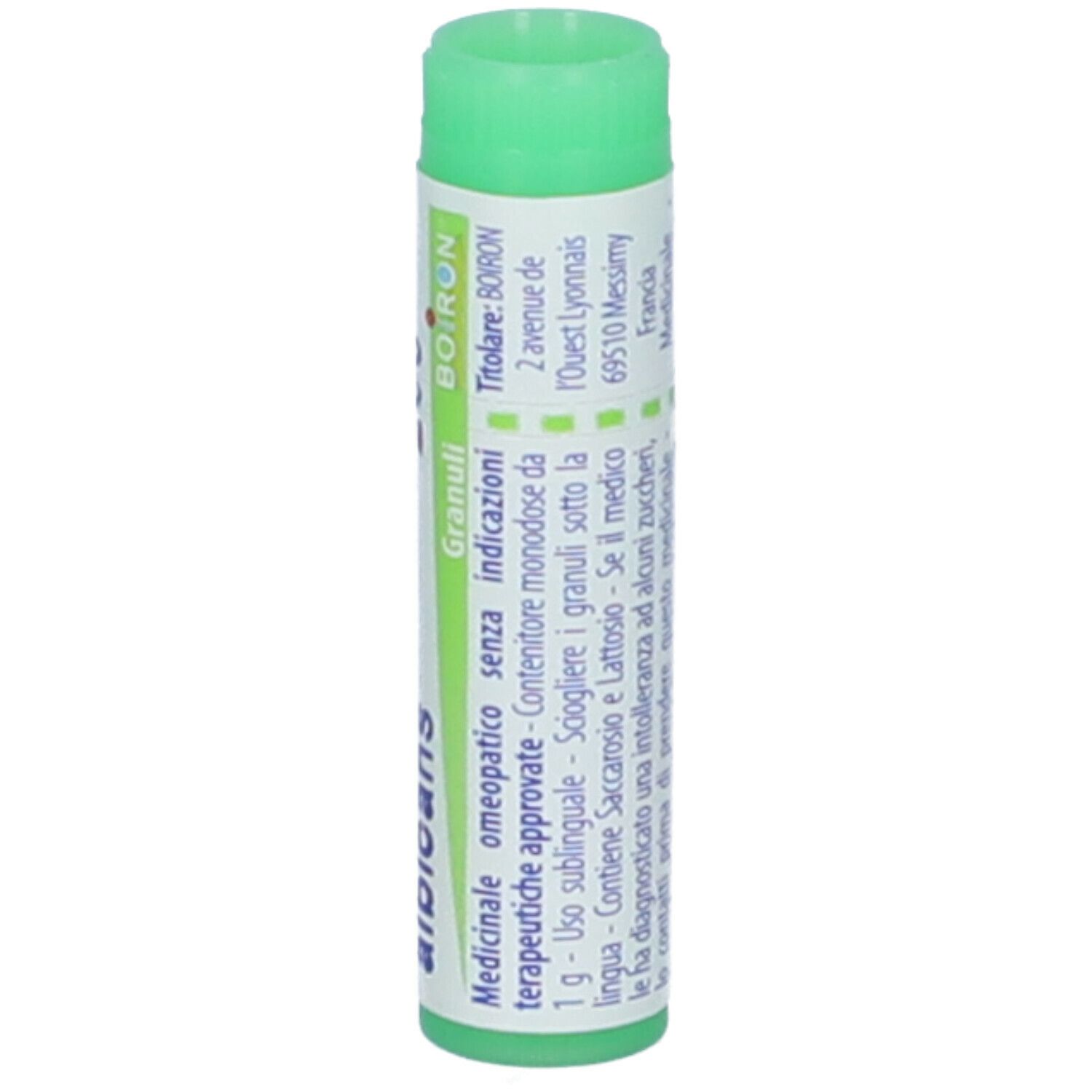 Confezione cilindrica con tappo verde. Scritta: Candida albicans, 200 ch, Boiron, Granuli. Informazioni aggiuntive.