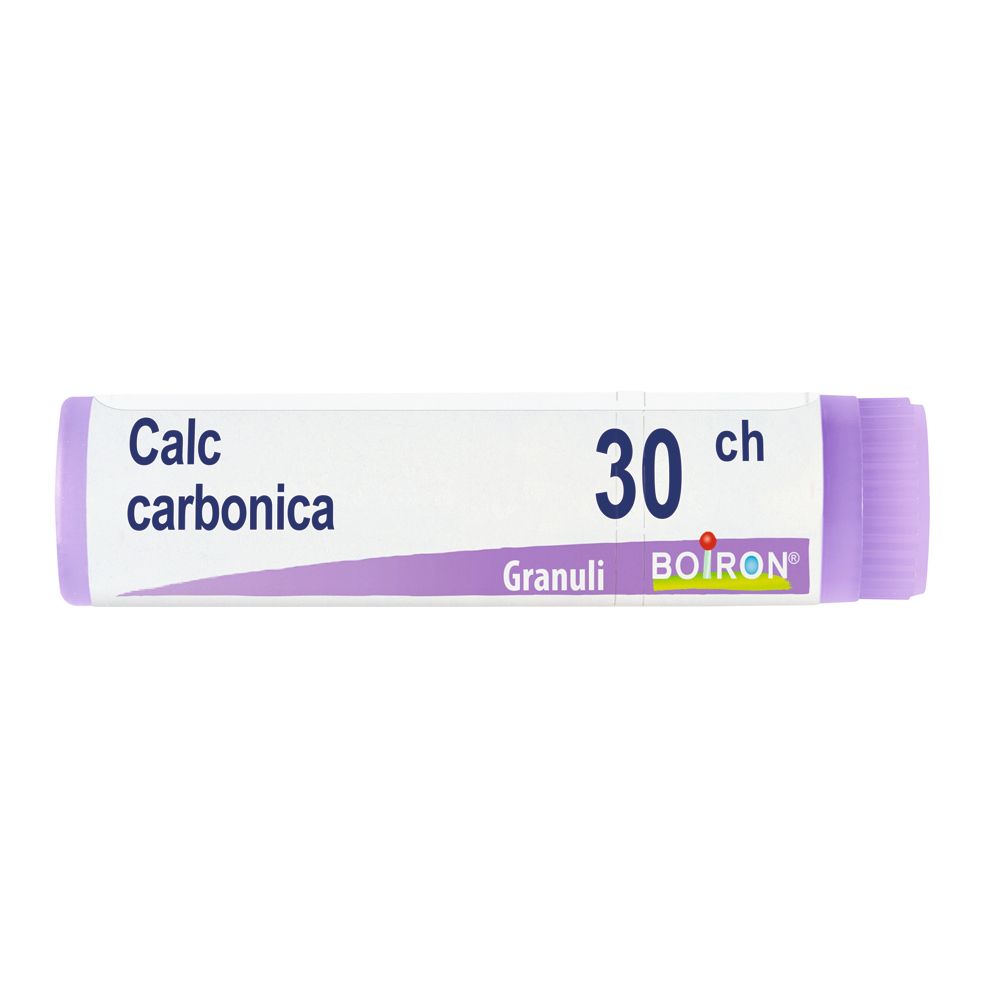 Confezione cilindrica con "Calc carbonica 30 ch". Marchio BOIRON, Granuli.