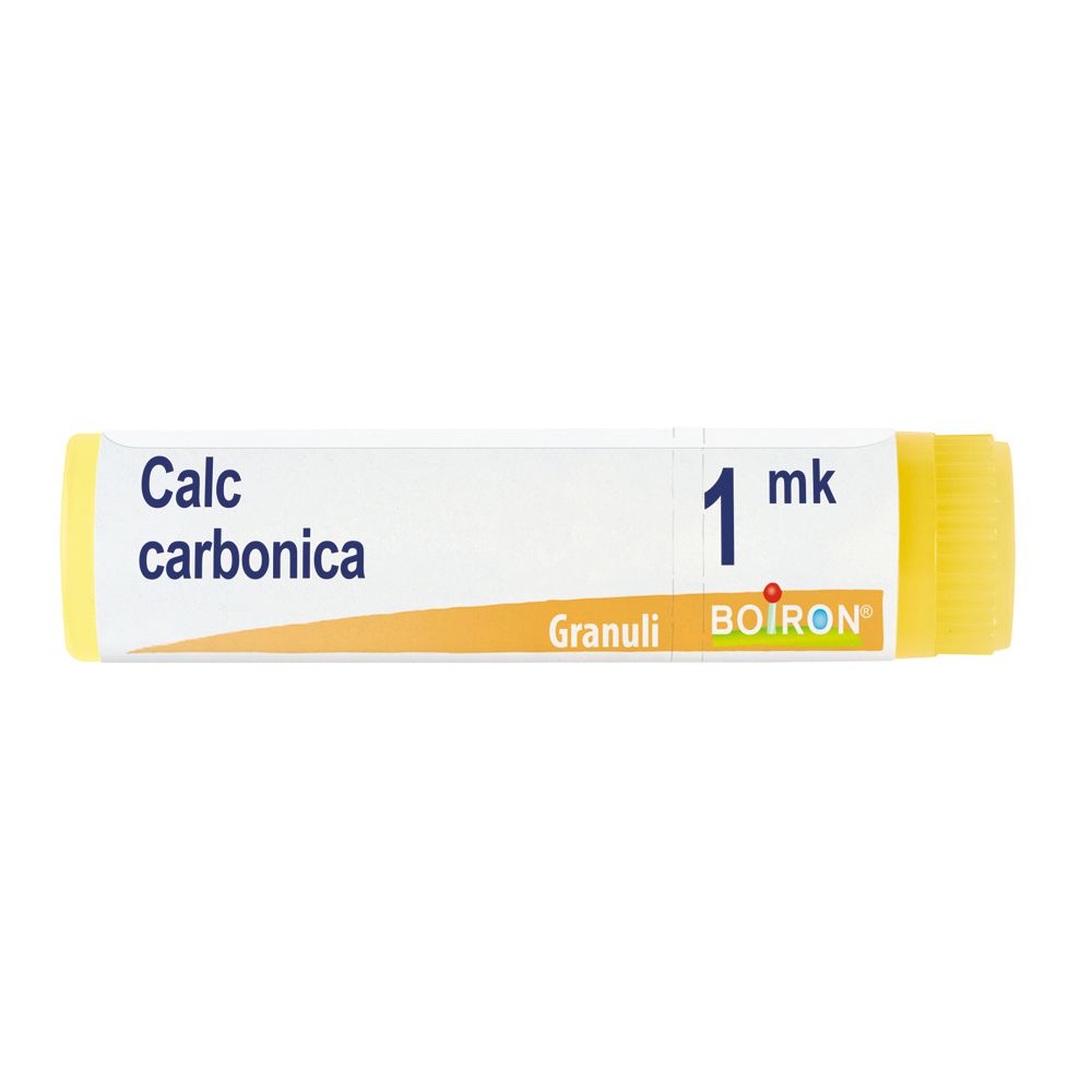 Confezione cilindrica con tappo giallo. Scritta: Calc carbonica, 1 mk, Granuli, BOIRON.