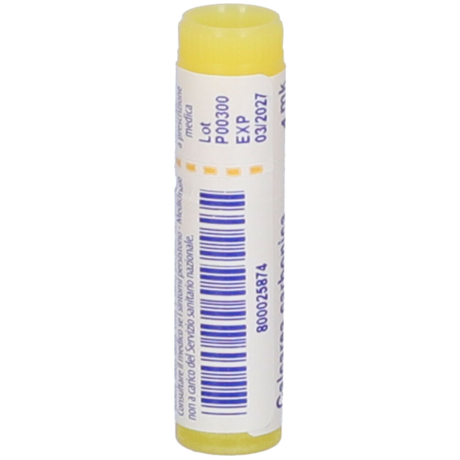 Confezione cilindrica con tappo giallo. Scritta: Calcarea carbonica ostrearum, 1 mk, BOIRON, EXP 03/2027.