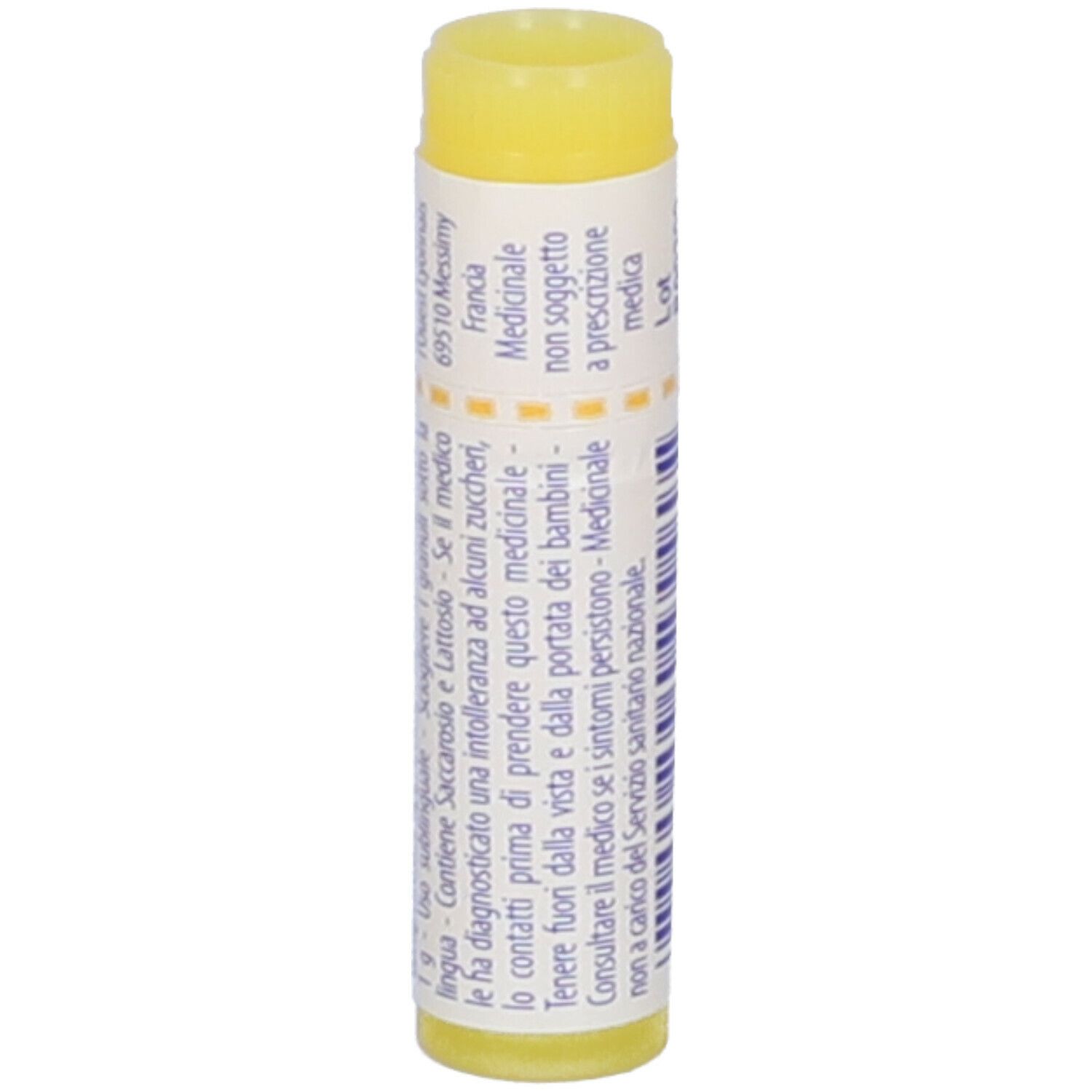Confezione cilindrica con tappo giallo. Scritta: Calcarea carbonica ostrearum, 1 mk, BOIRON, EXP 03/2027.