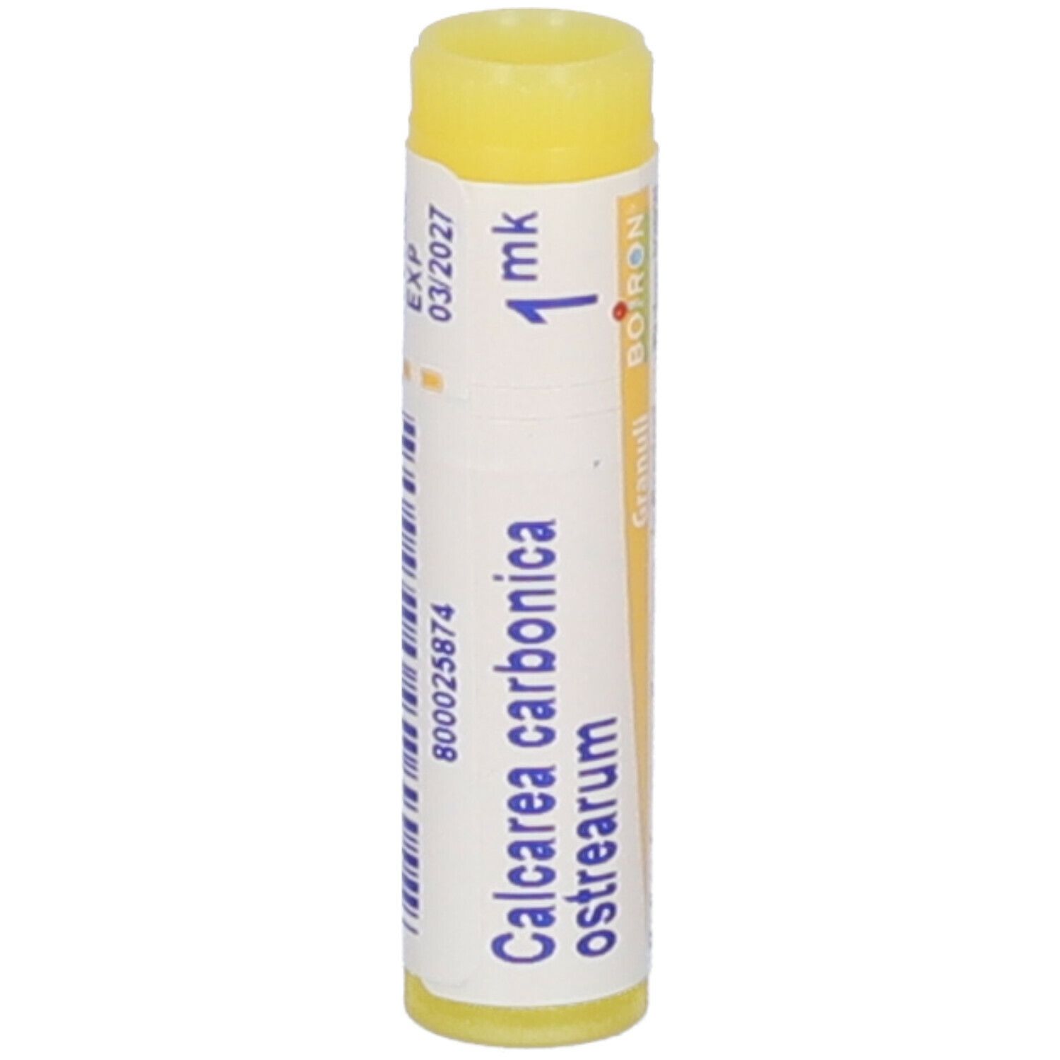 Confezione cilindrica con tappo giallo. Scritta: Calcarea carbonica ostrearum, 1 mk, BOIRON, EXP 03/2027.