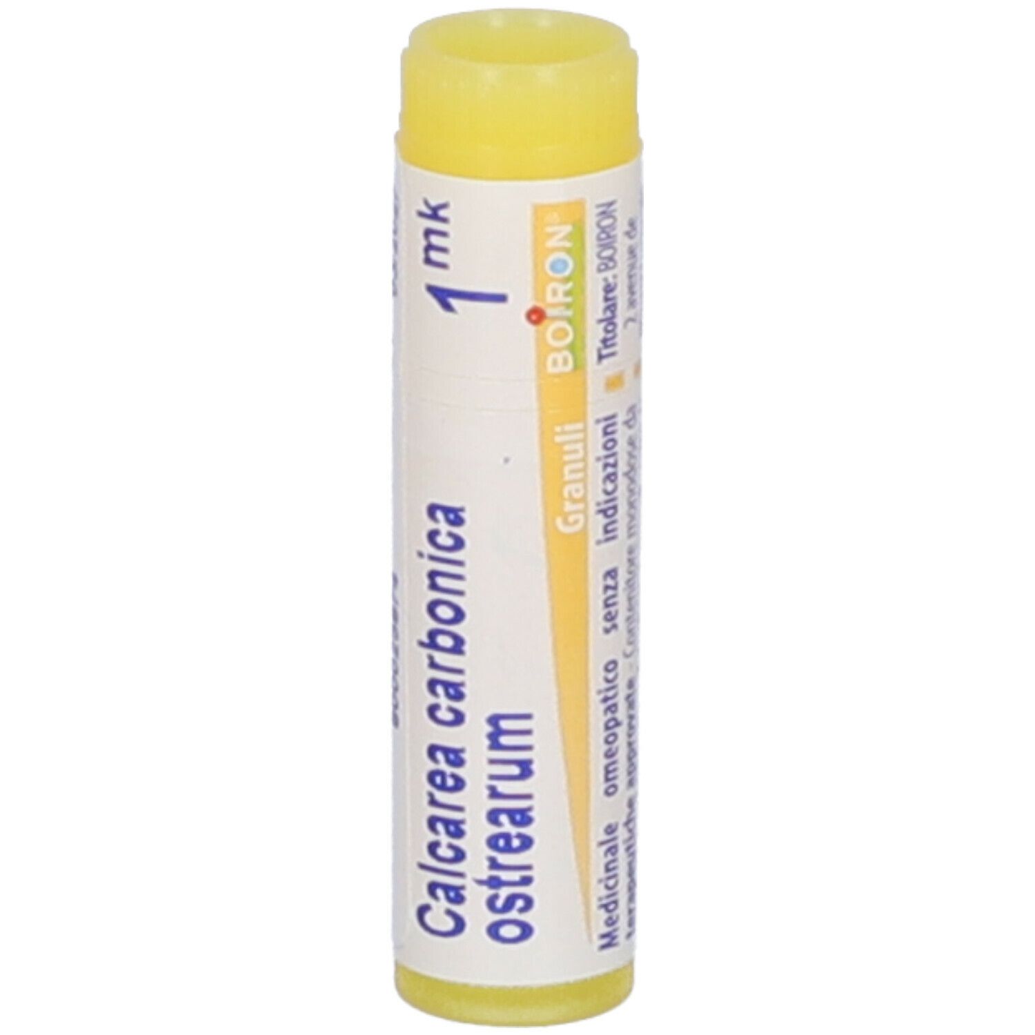 Confezione cilindrica con tappo giallo. Scritta: Calcarea carbonica ostrearum, 1 mk, BOIRON, EXP 03/2027.