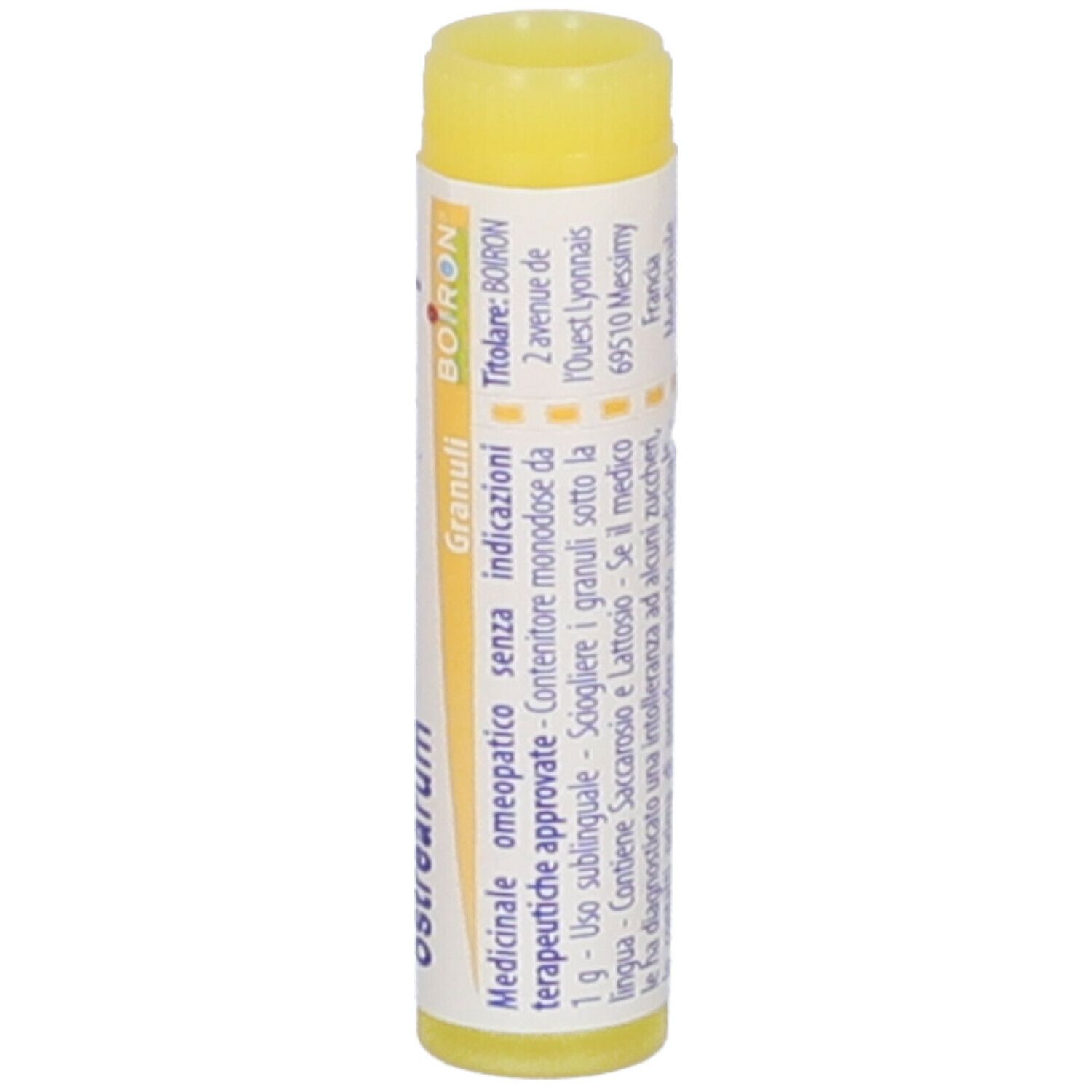 Confezione cilindrica con tappo giallo. Scritta: Calcarea carbonica ostrearum, 1 mk, BOIRON, EXP 03/2027.