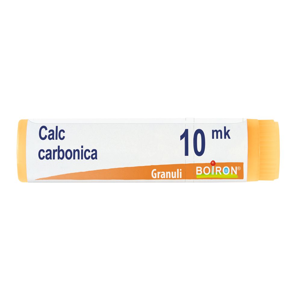 Confezione cilindrica con 'Calc carbonica 10 mk' e 'Boiron'.
