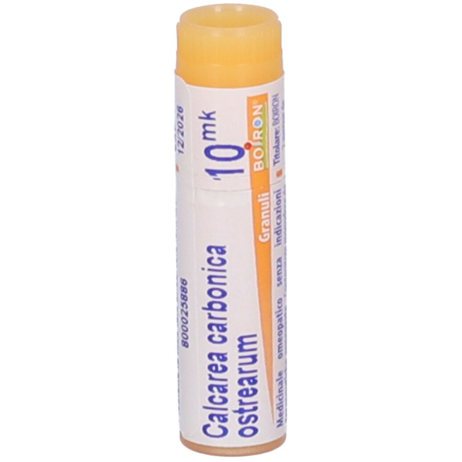 Confezione cilindrica con 'Calcarea carbonica ostrearum 10 mk' e 'Boiron'.