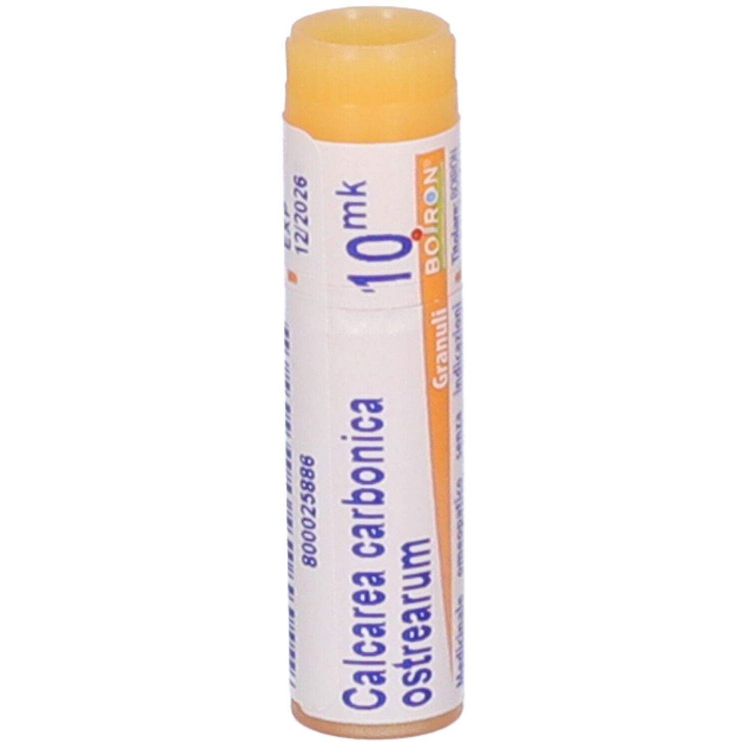 Confezione cilindrica con 'Calcarea carbonica ostrearum 10 mk'.