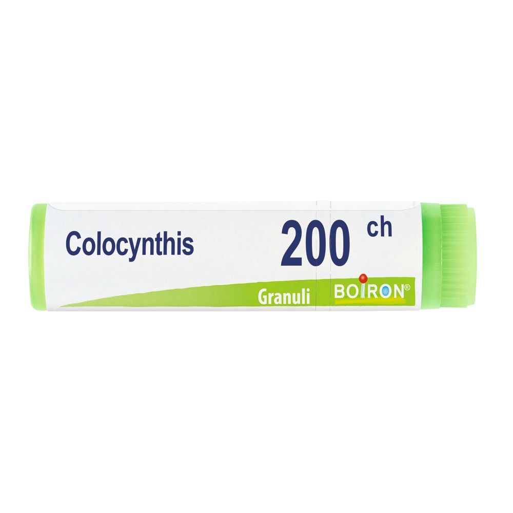 Confezione cilindrica con tappi verdi. Scritta: Colocynthis 200 ch, BOIRON, Granuli.