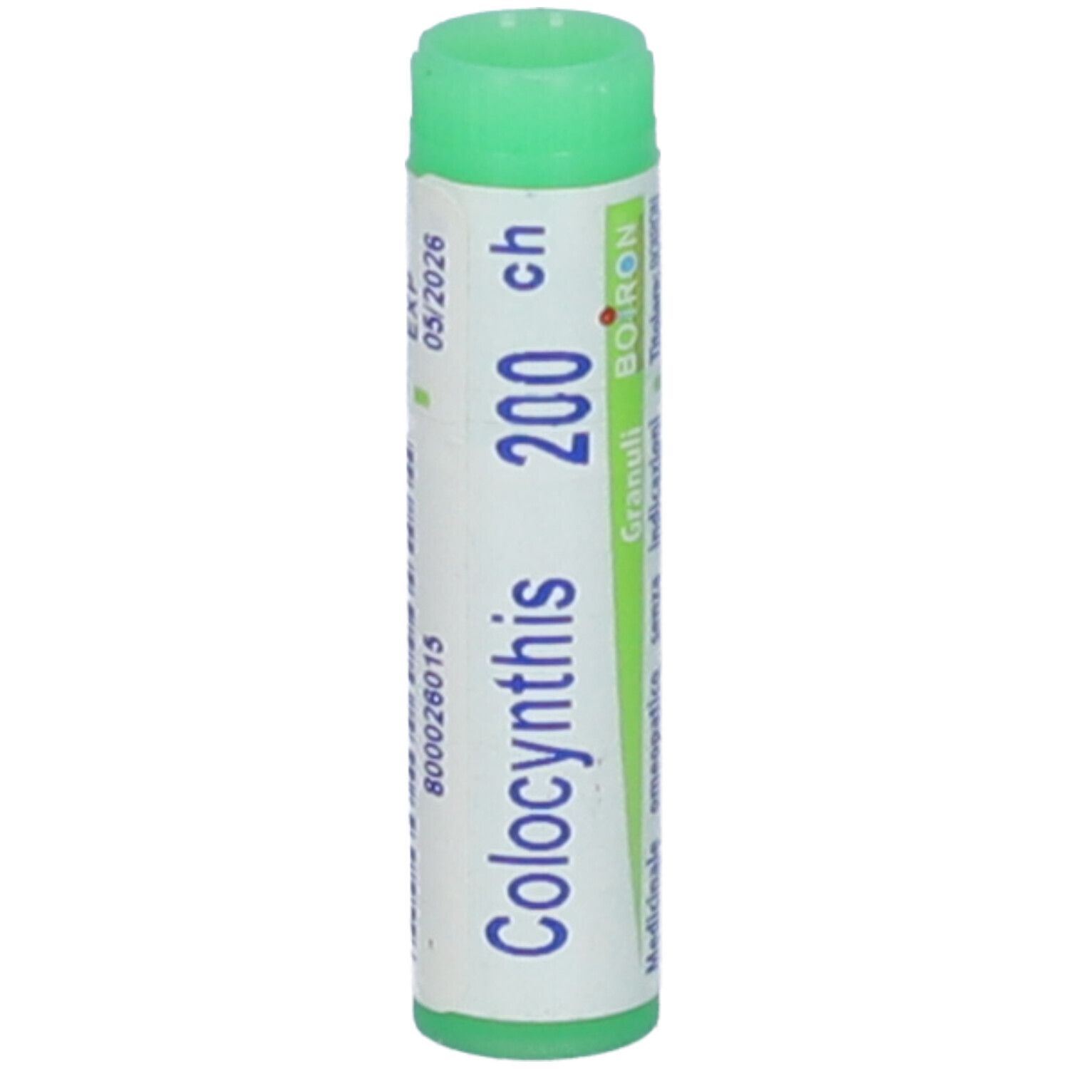 Confezione cilindrica verde e bianca. Scritta: Colocynthis 200 ch, BOIRON. Scadenza 05/2026.