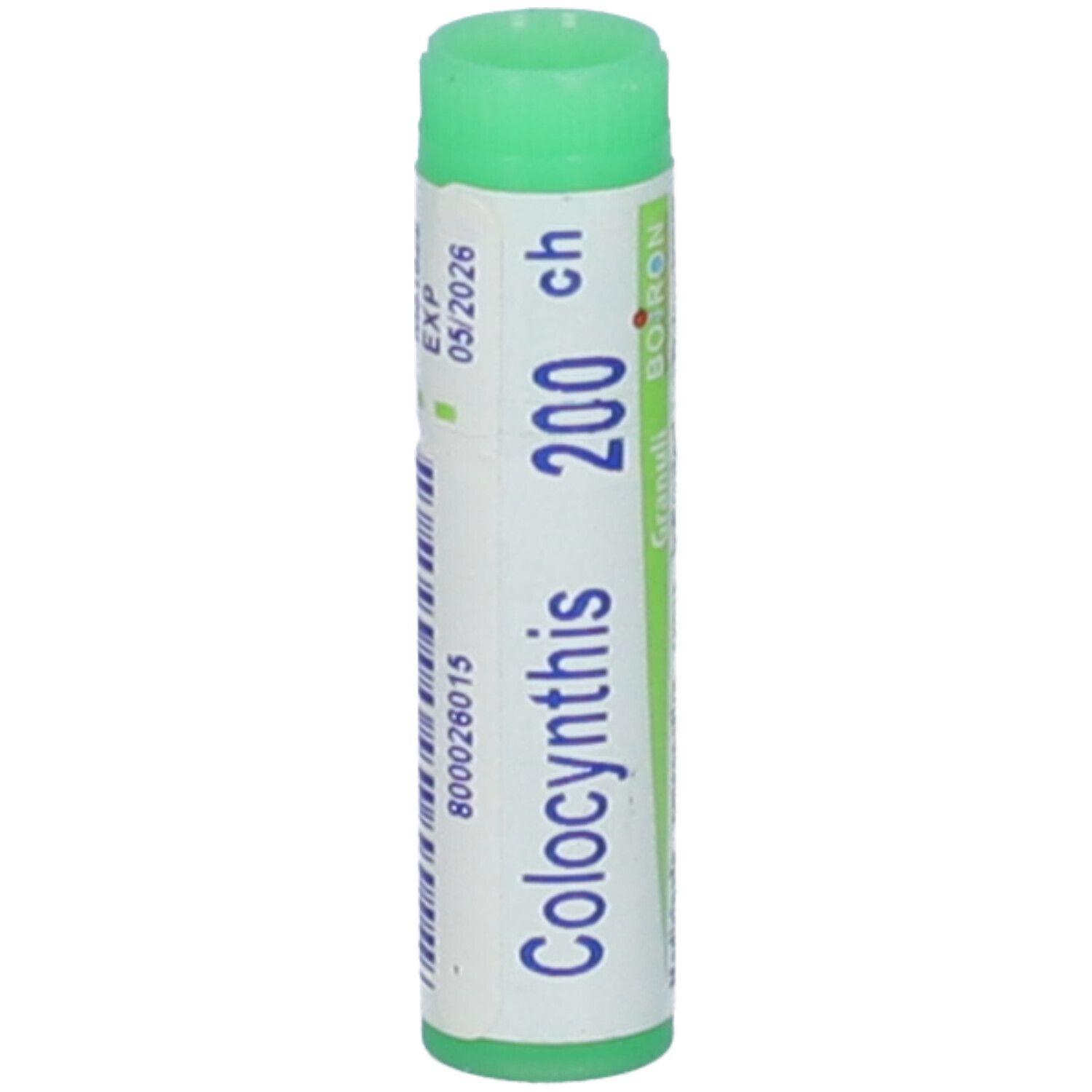 Confezione cilindrica verde e bianca. Scritta: Colocynthis 200 ch, BOIRON. Scadenza 05/2026.