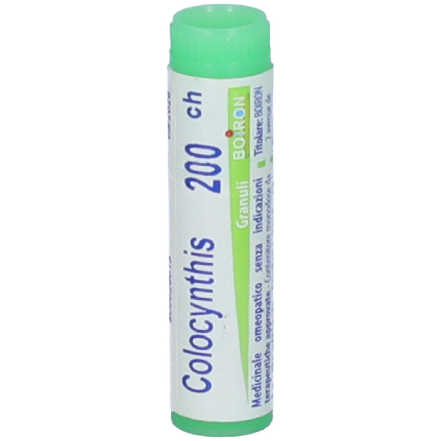 Confezione cilindrica verde e bianca. Scritta: Colocynthis 200 ch, BOIRON, Granuli. Informazioni aggiuntive.