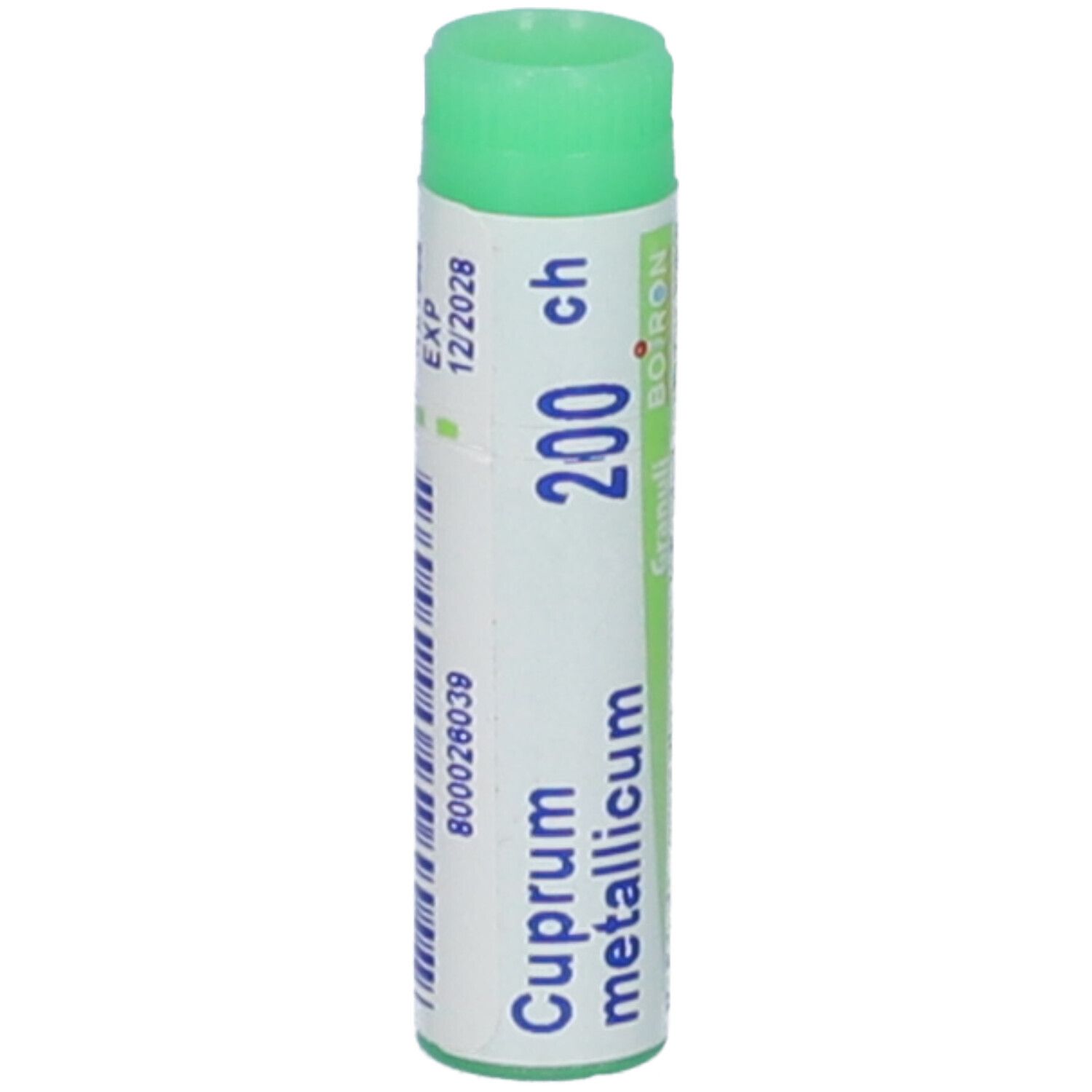 Confezione cilindrica con tappo verde. Scritta: Cuprum metallicum 200 ch, EXP 12/2028. Codice a barre.