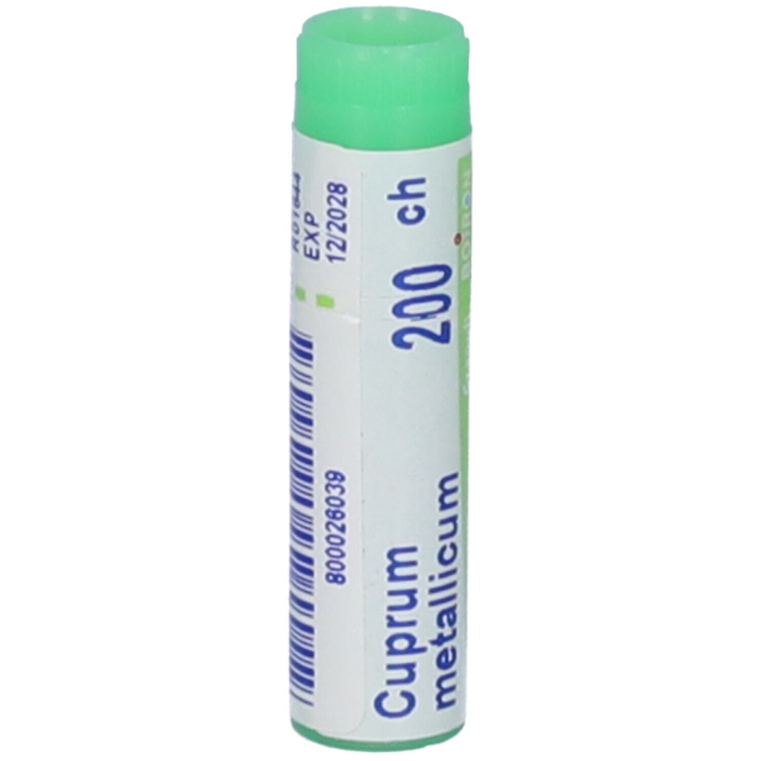 Confezione cilindrica con tappo verde. Scritta: Cuprum metallicum 200 ch, EXP 12/2028. Dettagli.
