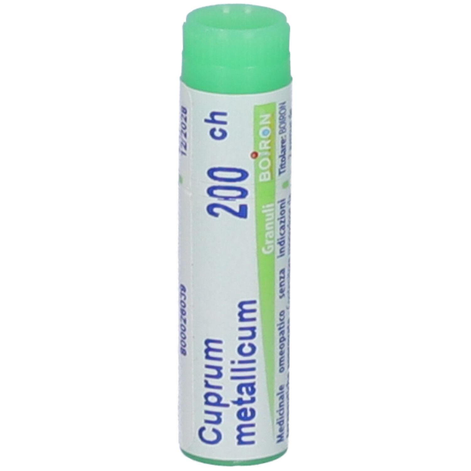 Confezione cilindrica con tappo verde. Scritta: Cuprum metallicum 200 ch, logo BOIRON®. Granuli.