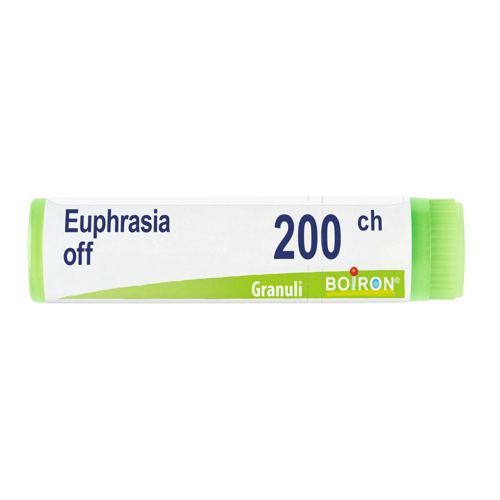 Confezione cilindrica con tappo verde. Scritte: Euphrasia off, 200 ch, Granuli, Boiron.