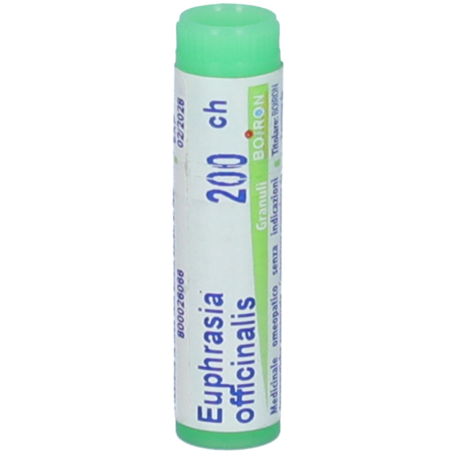 Confezione cilindrica con tappo verde. Scritte: Euphrasia officinalis 200 ch, Granuli, Boiron.