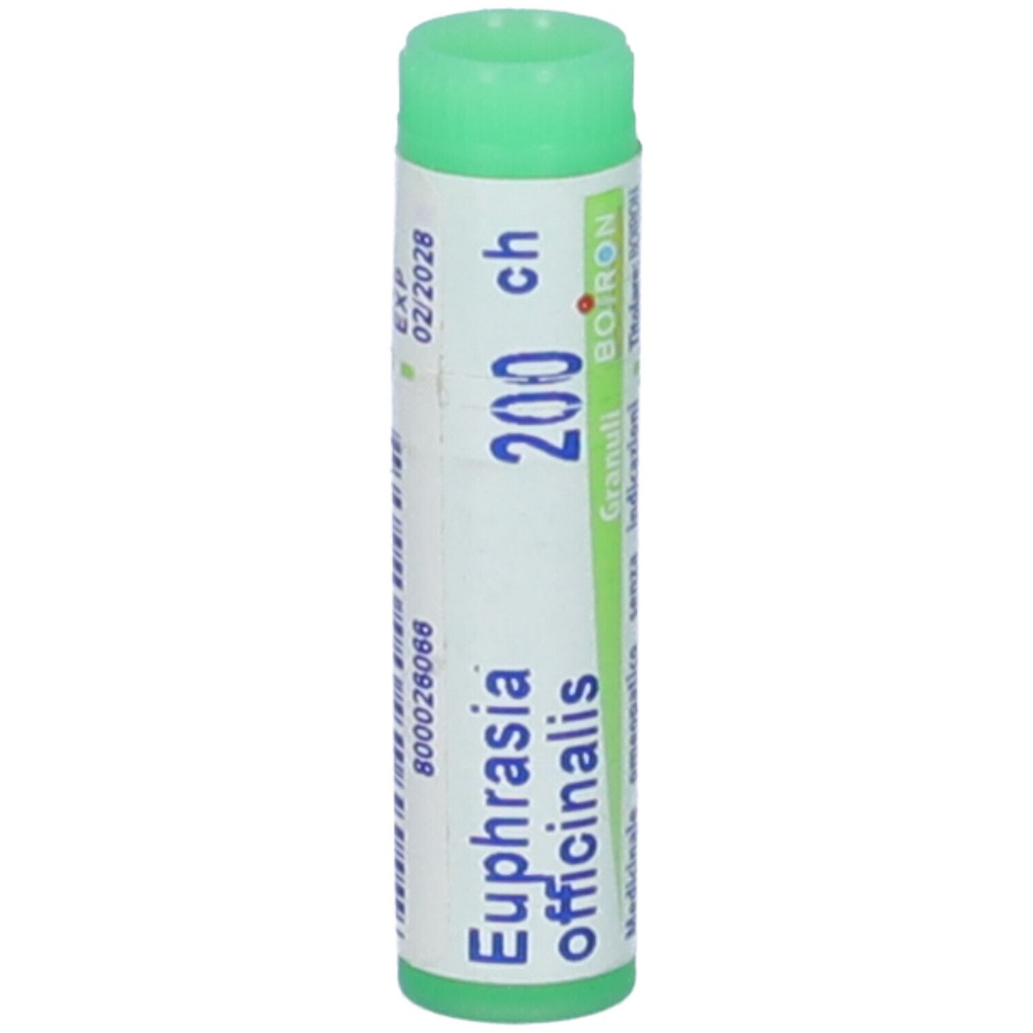 Confezione cilindrica con tappo verde. Scritte: Euphrasia officinalis 200 ch, Granuli, Boiron.