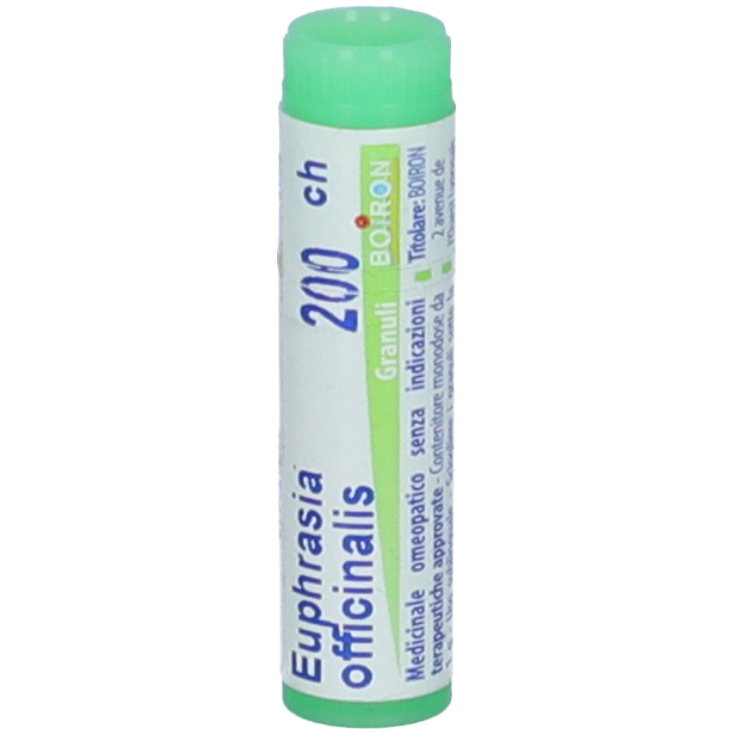 Confezione cilindrica con tappo verde. Scritte: Euphrasia officinalis 200 ch, Granuli, Boiron.