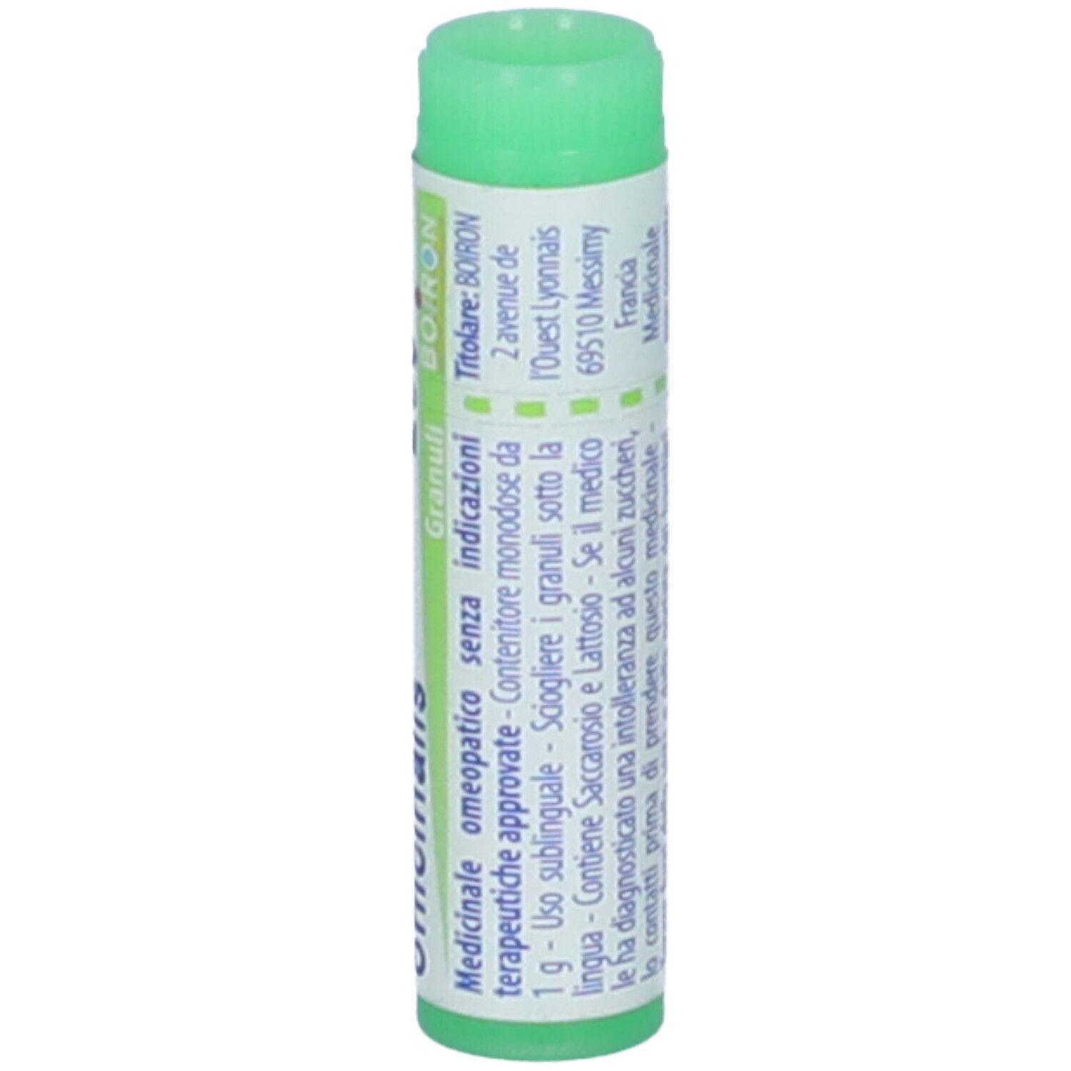 Confezione cilindrica con tappo verde. Scritte: Euphrasia officinalis 200 ch, Granuli, Boiron.