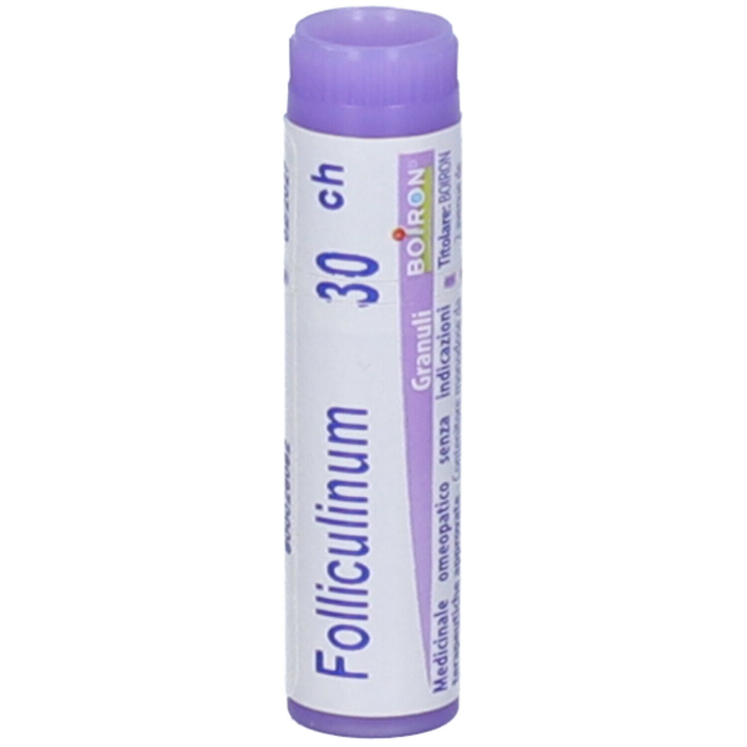 Confezione cilindrica "Folliculinum 30 ch". Tappo viola. Testo e logo BOIRON.