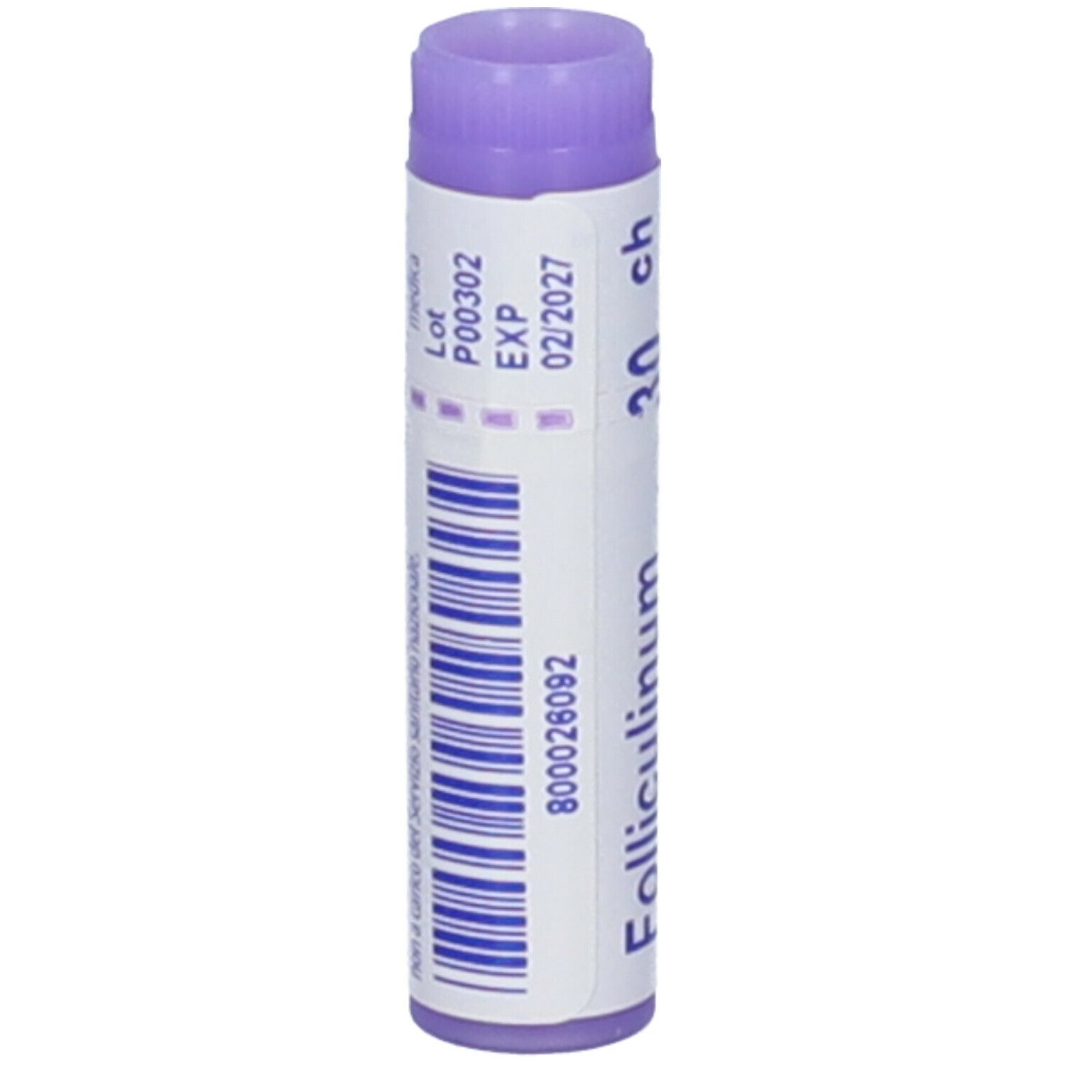 Confezione cilindrica "Folliculinum 30 ch". Tappo viola. Codice a barre e testo.
