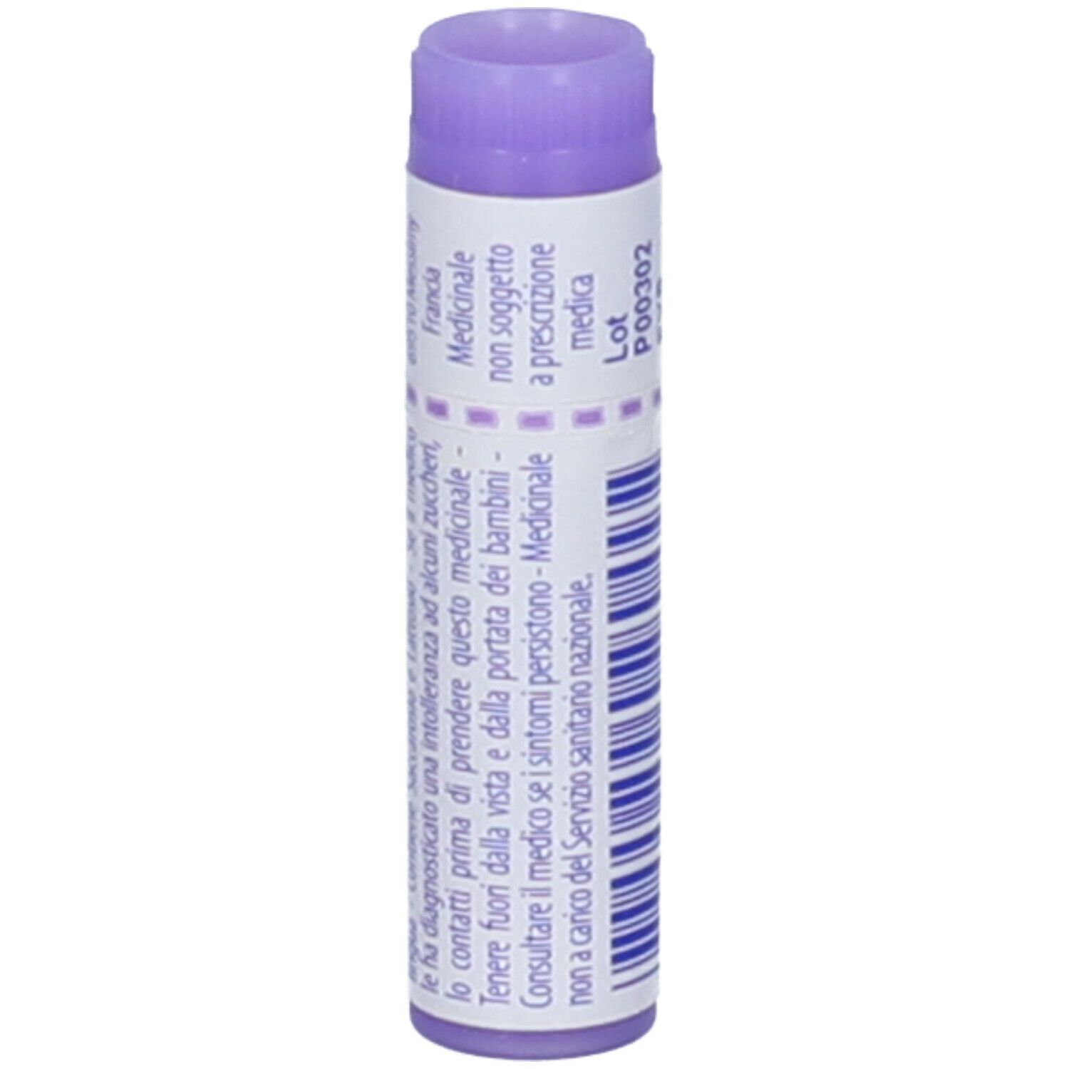 Confezione cilindrica "Folliculinum 30 ch". Tappo viola. Testo su sfondo bianco.