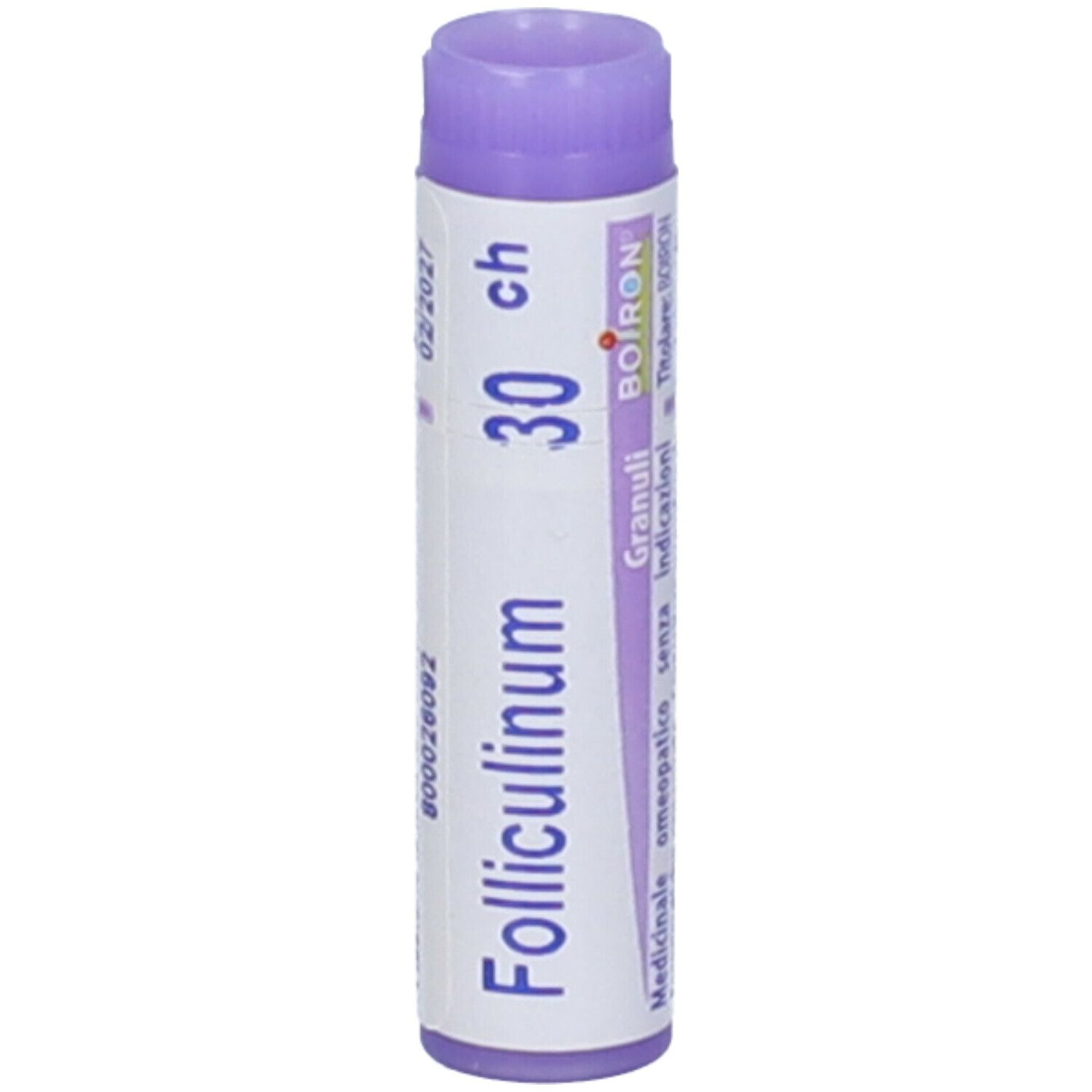 Confezione cilindrica "Folliculinum 30 ch". Tappo viola. Testo e logo BOIRON.